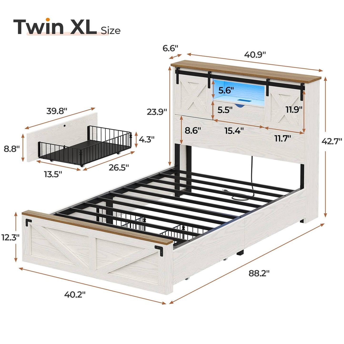 Hasuit | Farmhouse Bed Frame with 2 Storage Drawers Rustic Wooden Platform Twin XL Bed with LED Lights and Charging Station White