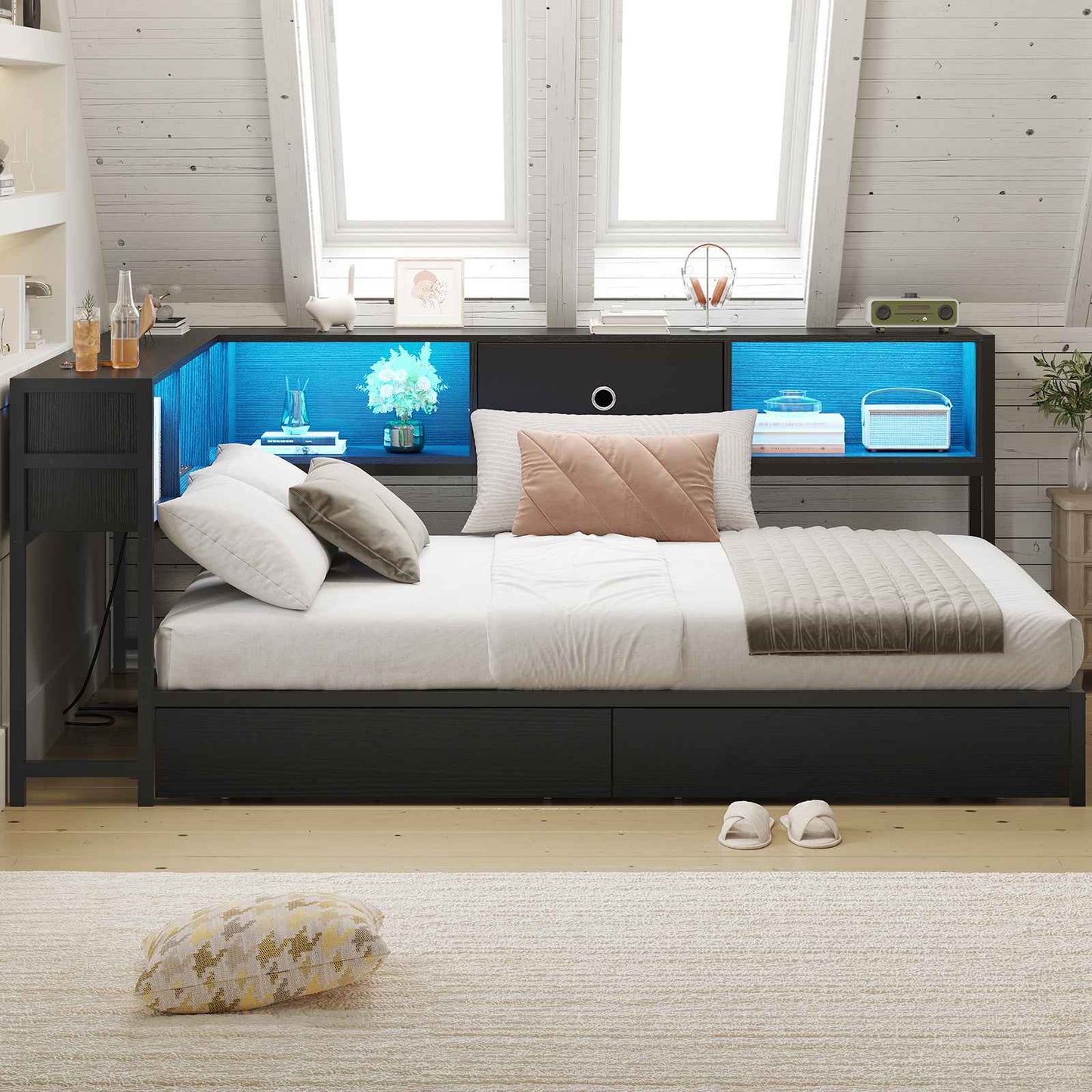 Hasuit | Corner Bed Frame with Storage Bookcase Day Bed with Charging Station and LED Lights Convertible Beds for Kids Teens Black Three Sizes