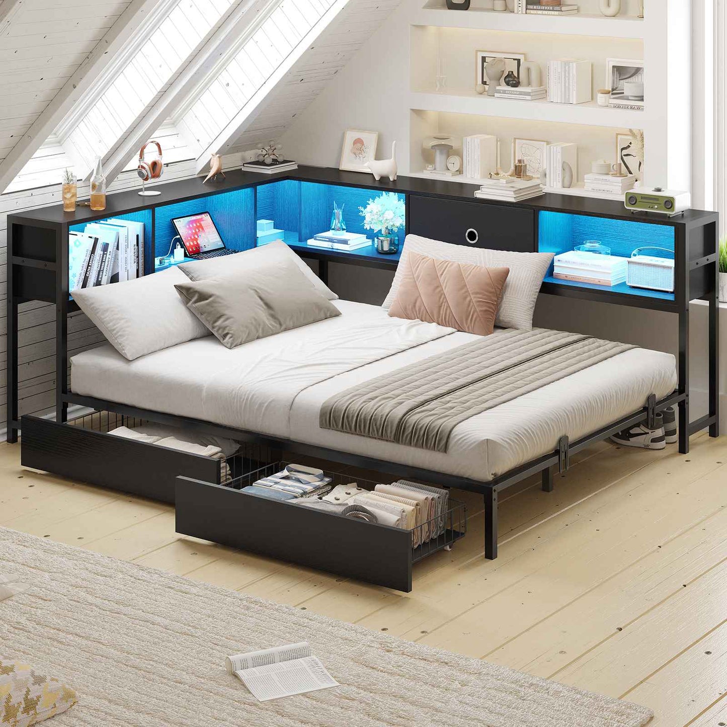 Hasuit | Corner Bed Frame with Storage Bookcase Day Bed with Charging Station and LED Lights Convertible Beds for Kids Teens Black Three Sizes