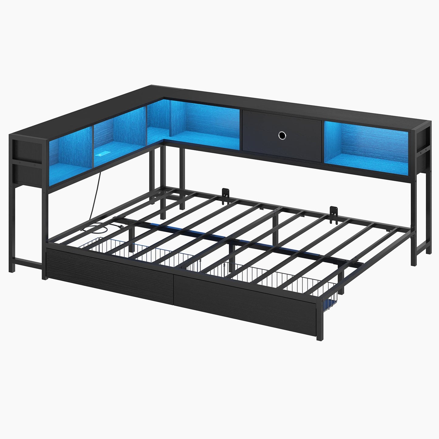 Hasuit | Corner Bed Frame with Storage Bookcase Day Bed with Charging Station and LED Lights Convertible Beds for Kids Teens Black Three Sizes