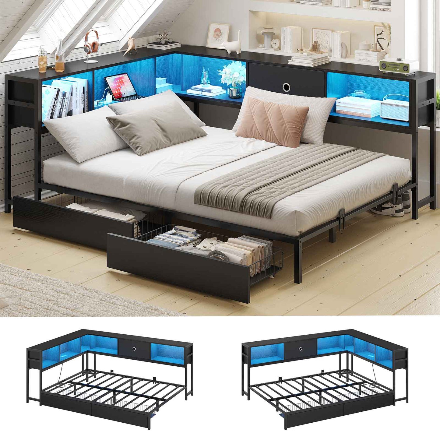 Hasuit | Corner Bed Frame with Storage Bookcase Day Bed with Charging Station and LED Lights Convertible Beds for Kids Teens Black Three Sizes