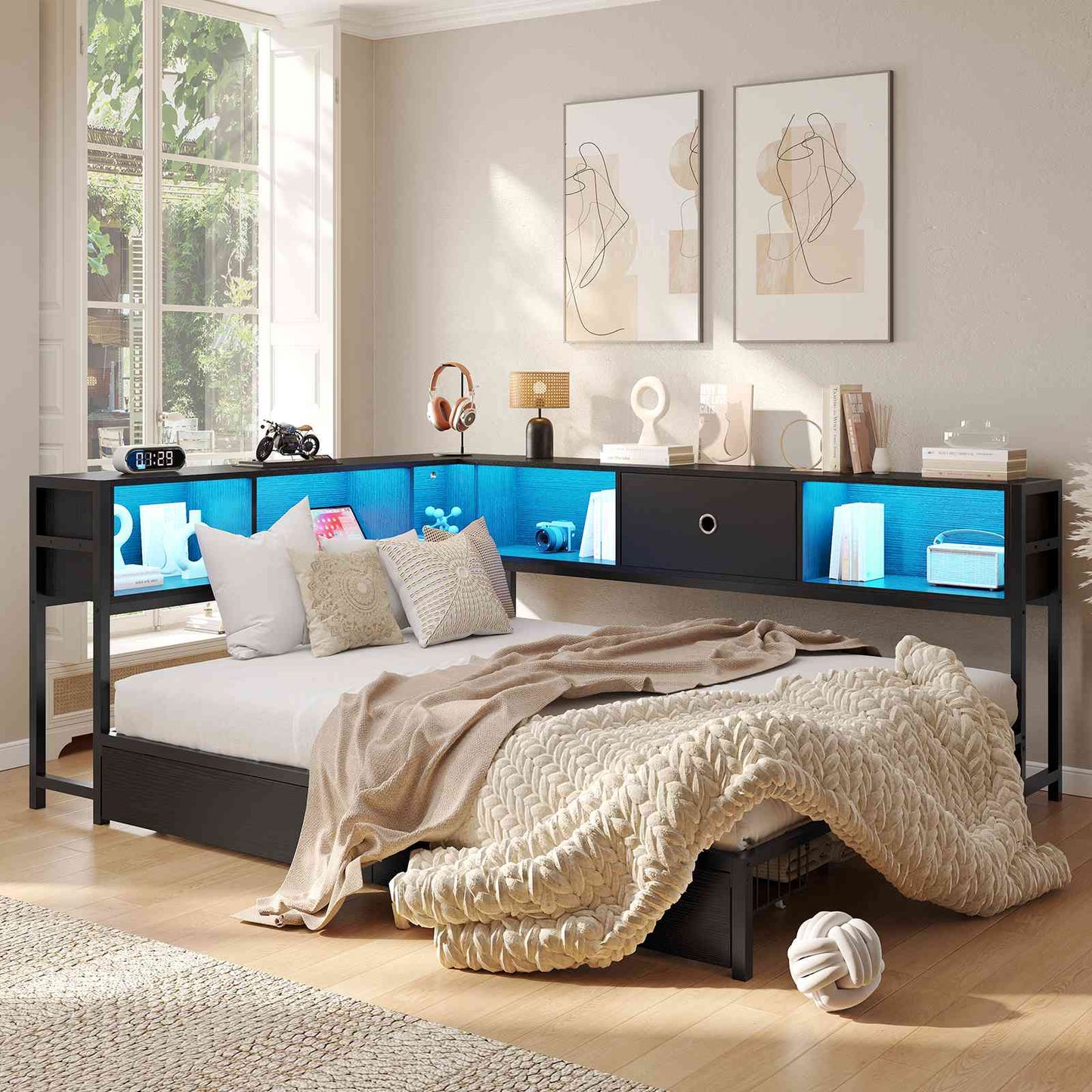 Hasuit | Corner Bed Frame with Storage Bookcase Day Bed with Charging Station and LED Lights Convertible Beds for Kids Teens Black Three Sizes