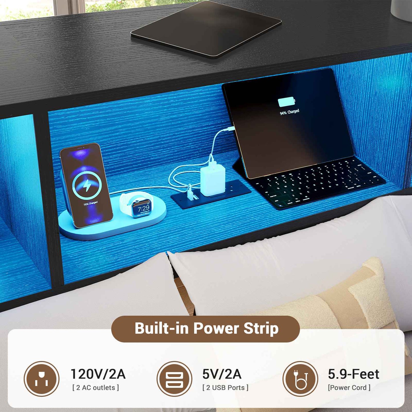 Hasuit | Corner Bed Frame with Storage Bookcase Day Bed with Charging Station and LED Lights Convertible Beds for Kids Teens Black Three Sizes