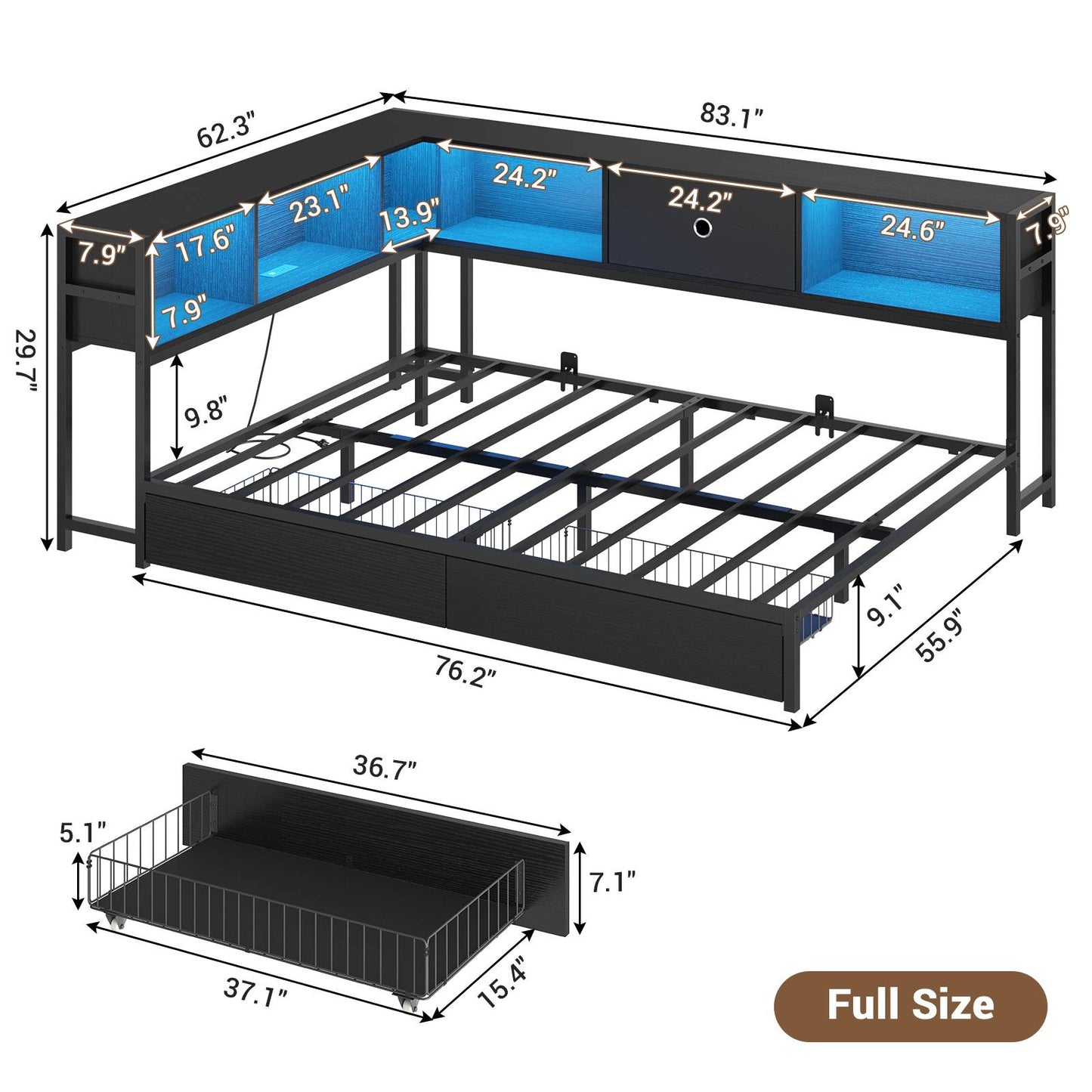 Hasuit | Corner Bed Frame with Storage Bookcase Day Bed with Charging Station and LED Lights Convertible Beds for Kids Teens Black Three Sizes