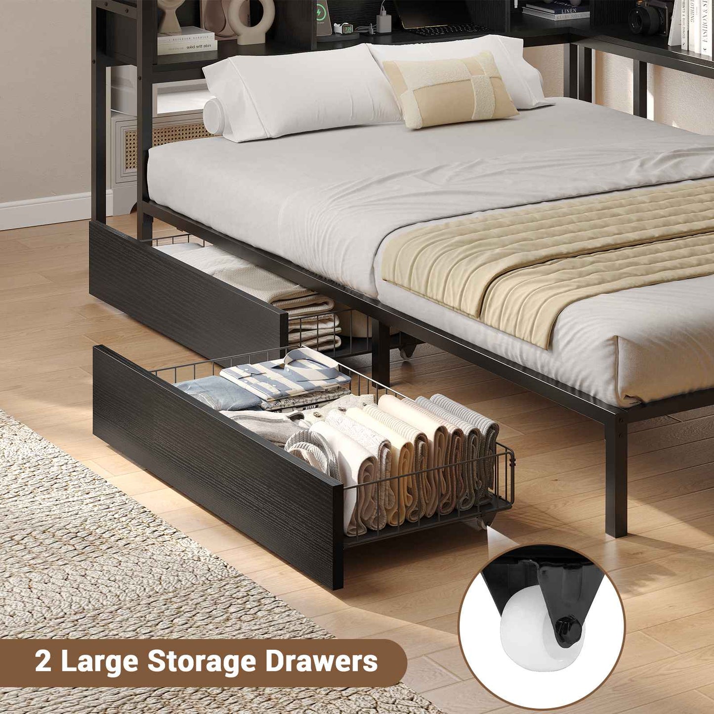 Hasuit | Corner Bed Frame with Storage Bookcase Day Bed with Charging Station and LED Lights Convertible Beds for Kids Teens Black Three Sizes
