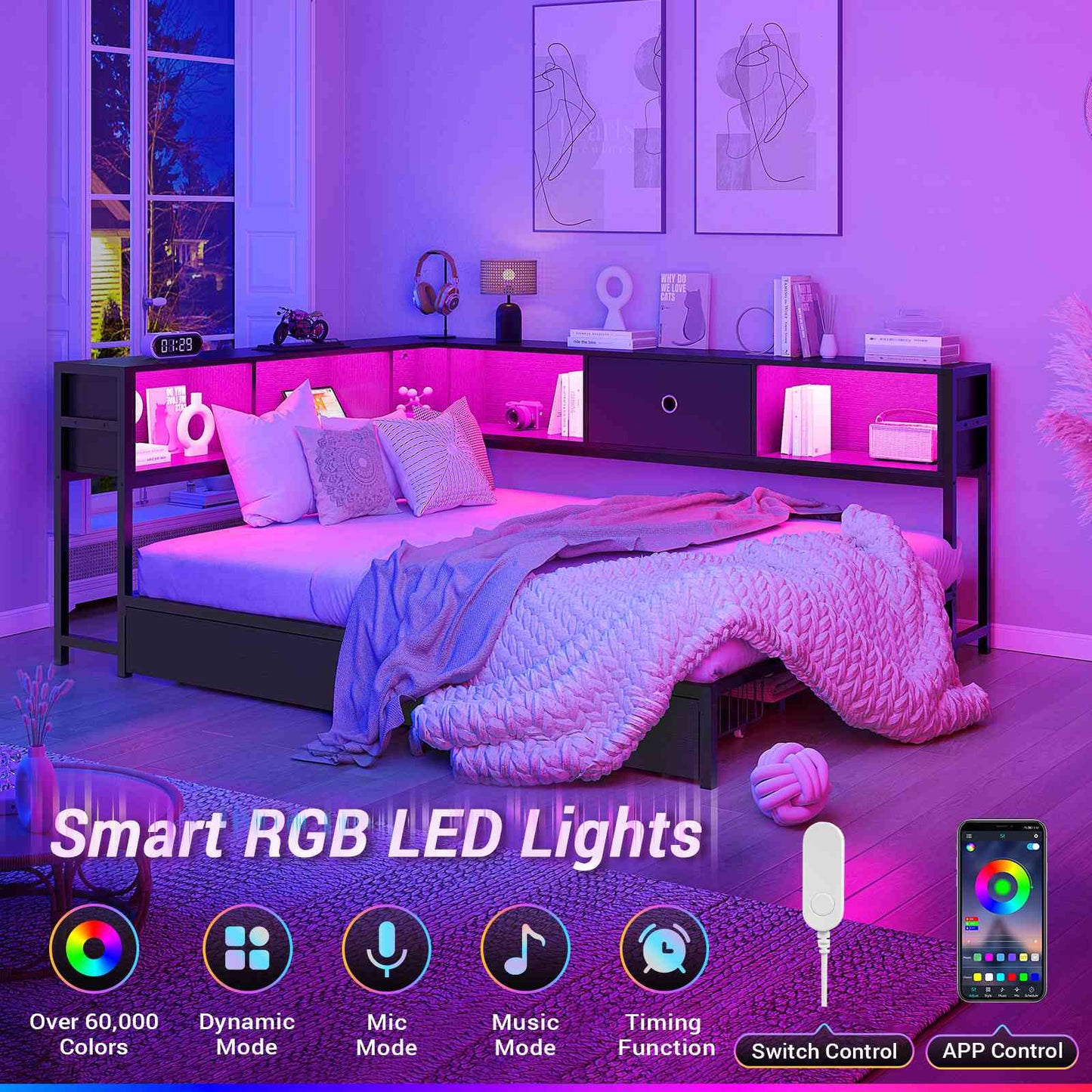 Hasuit | Corner Bed Frame with Storage Bookcase Day Bed with Charging Station and LED Lights Convertible Beds for Kids Teens Black Three Sizes