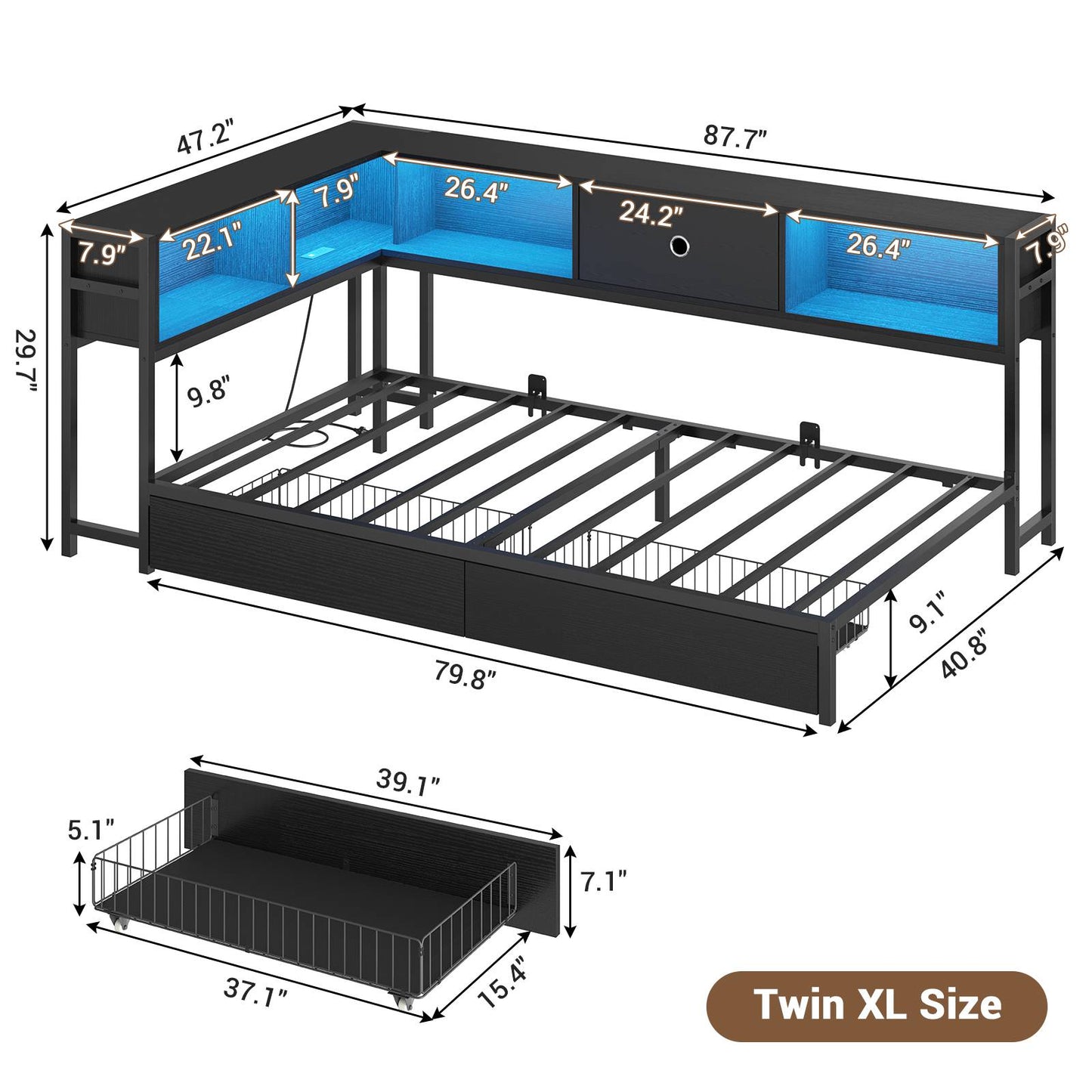 Hasuit | Corner Bed Frame with Storage Bookcase Day Bed with Charging Station and LED Lights Convertible Beds for Kids Teens Black Three Sizes