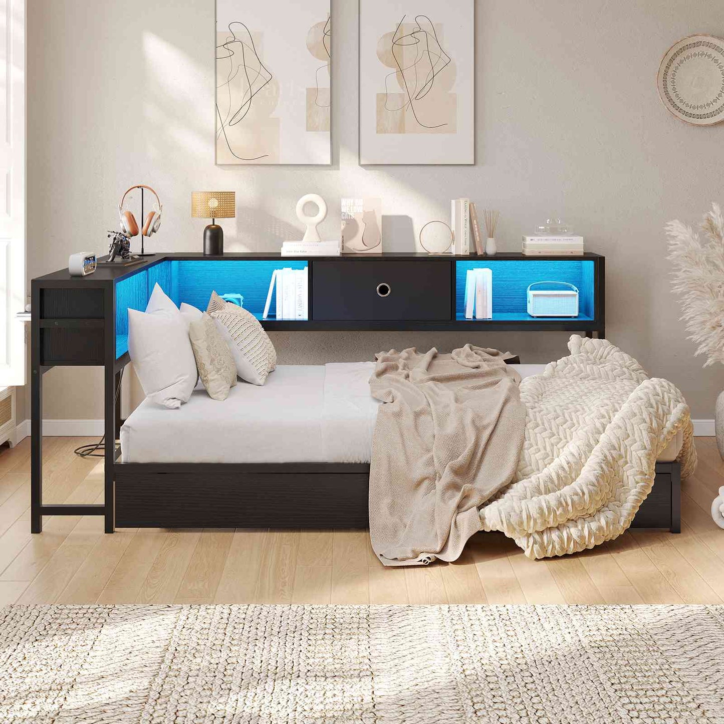 Hasuit | Corner Bed Frame with Storage Bookcase Day Bed with Charging Station and LED Lights Convertible Beds for Kids Teens Black Three Sizes
