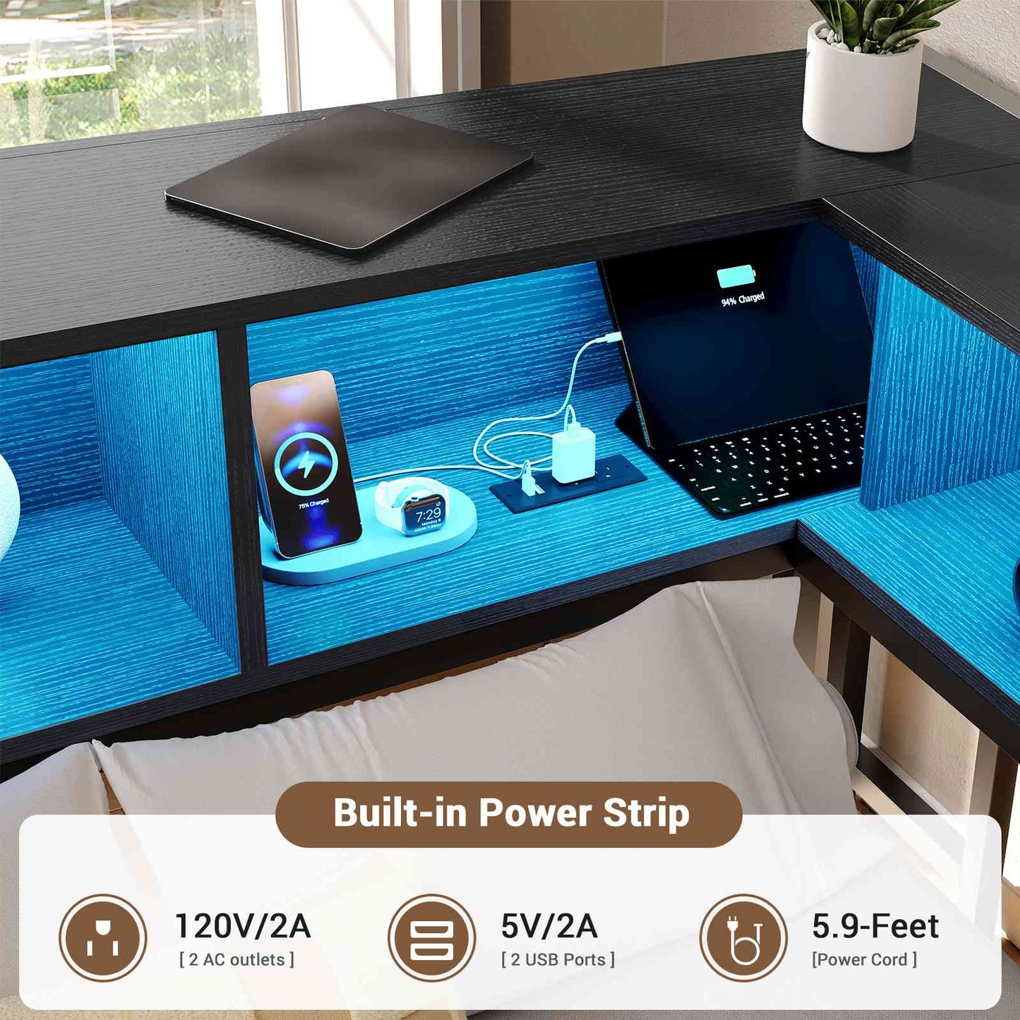 Hasuit | Corner Bed Frame with Storage Bookcase Day Bed with Charging Station and LED Lights Convertible Beds for Kids Teens Black Three Sizes
