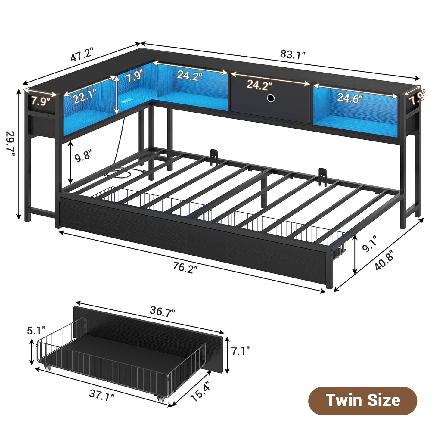 Hasuit | Corner Bed Frame with Storage Bookcase Day Bed with Charging Station and LED Lights Convertible Beds for Kids Teens Black Three Sizes