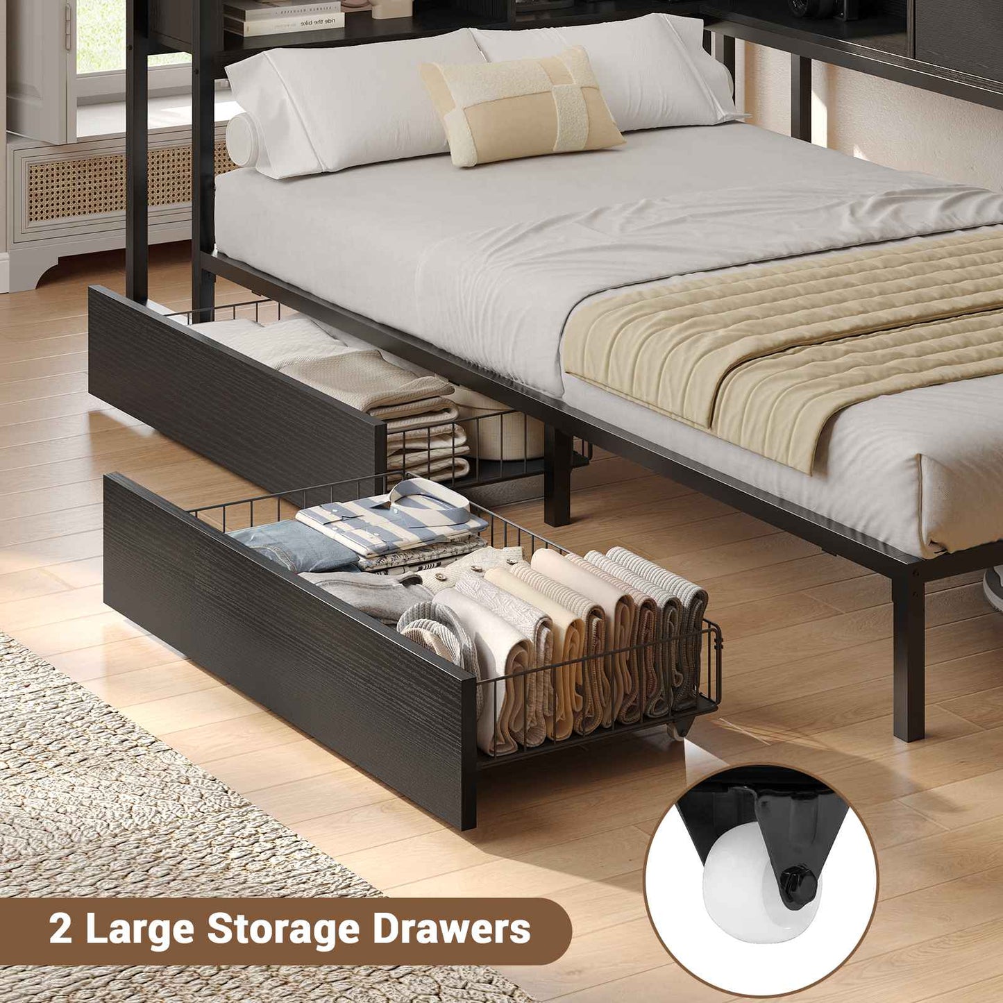 Hasuit | Corner Bed Frame with Storage Bookcase Day Bed with Charging Station and LED Lights Convertible Beds for Kids Teens Black Three Sizes
