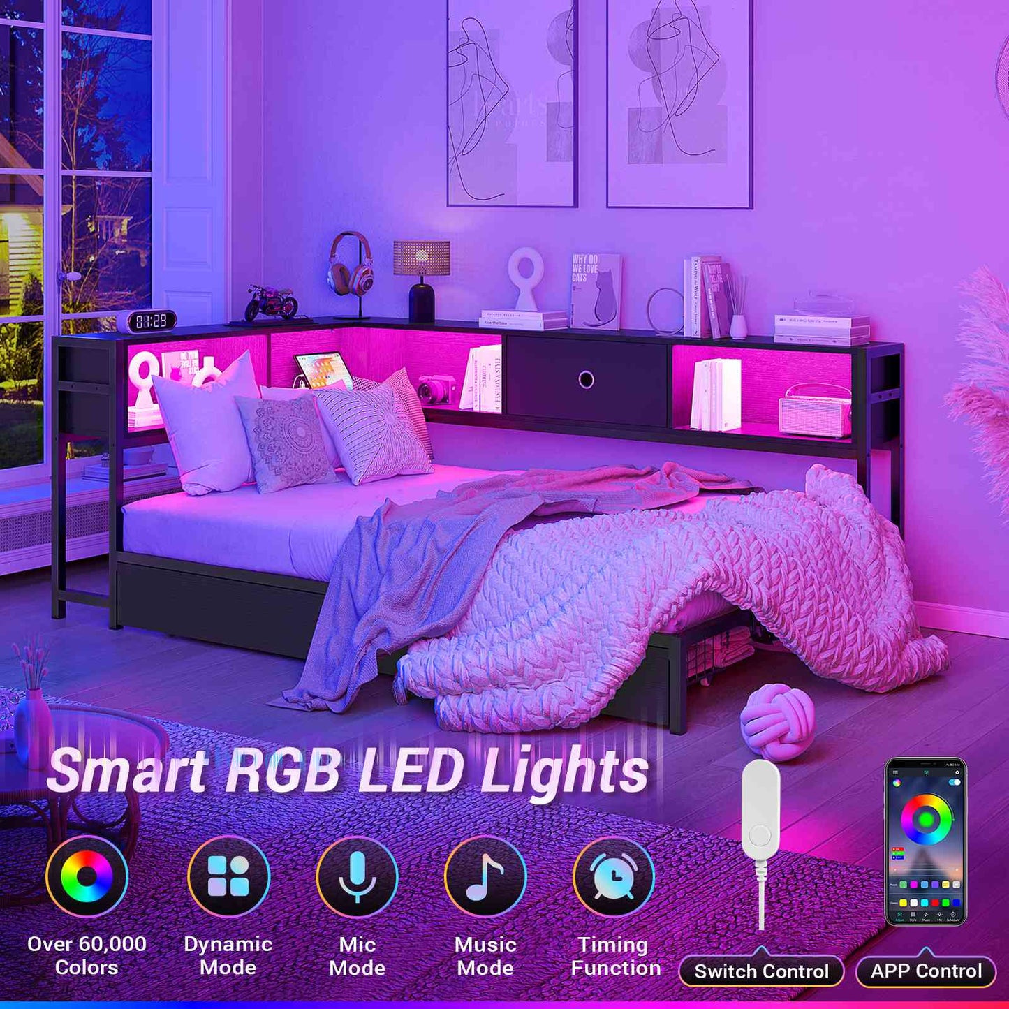 Hasuit | Corner Bed Frame with Storage Bookcase Day Bed with Charging Station and LED Lights Convertible Beds for Kids Teens Black Three Sizes