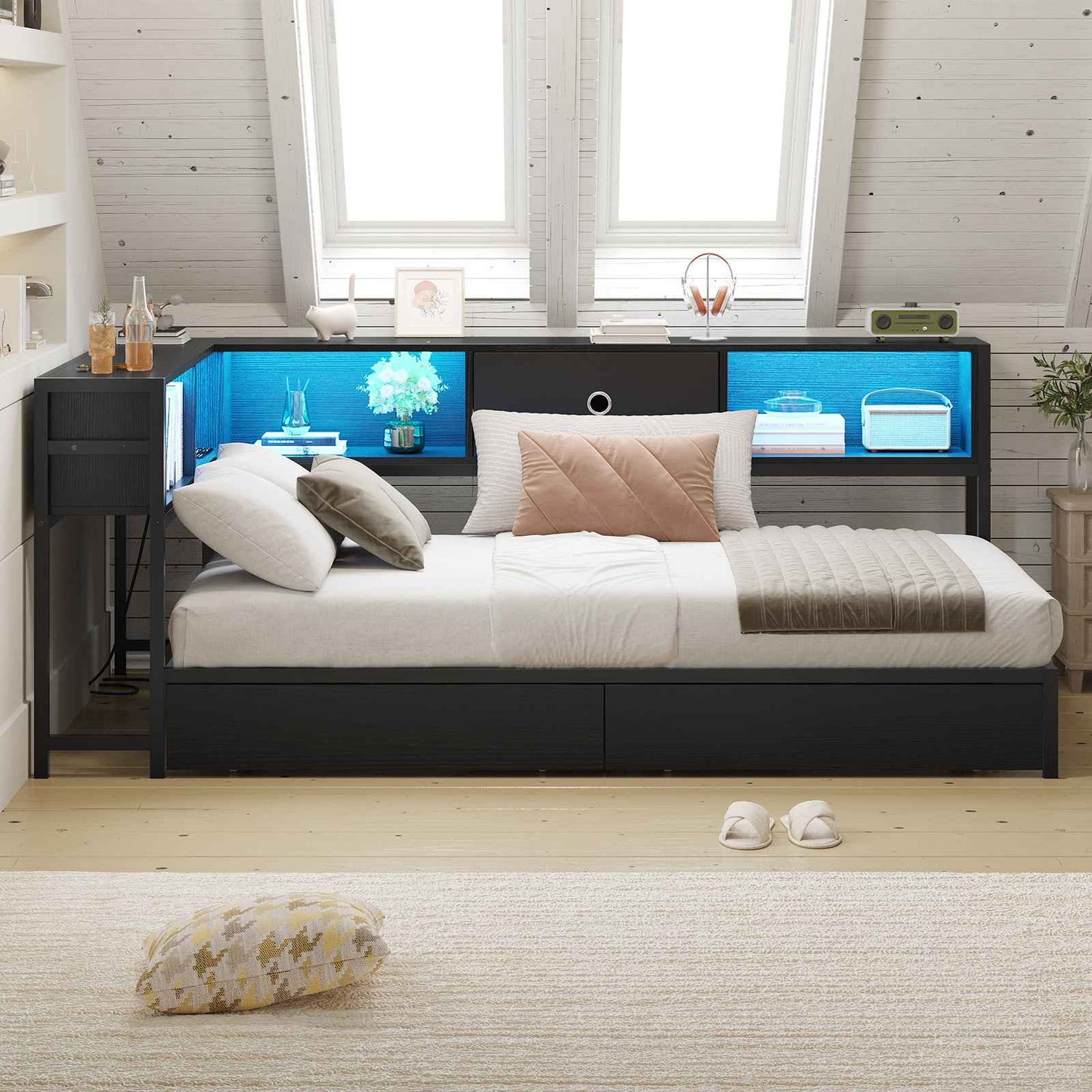 Hasuit | Corner Bed Frame with Storage Bookcase Day Bed with Charging Station and LED Lights Convertible Beds for Kids Teens Black Three Sizes