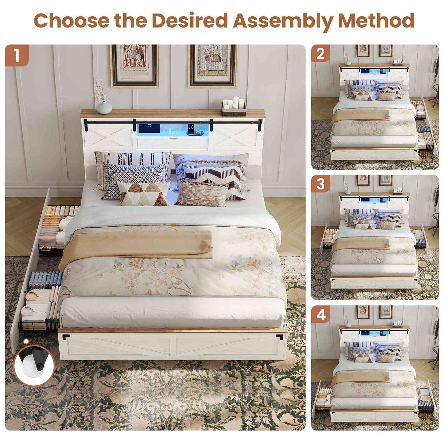 Hasuit | Farmhouse Bed Frame with Storage Bookcase Headboard Wooden Rustic Bed with LED Lights and Charging Station White California King Size