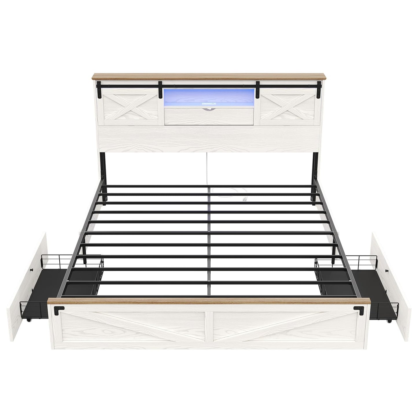 Hasuit | Farmhouse Bed Frame with Storage Bookcase Headboard Wooden Rustic Bed with LED Lights and Charging Station White California King Size