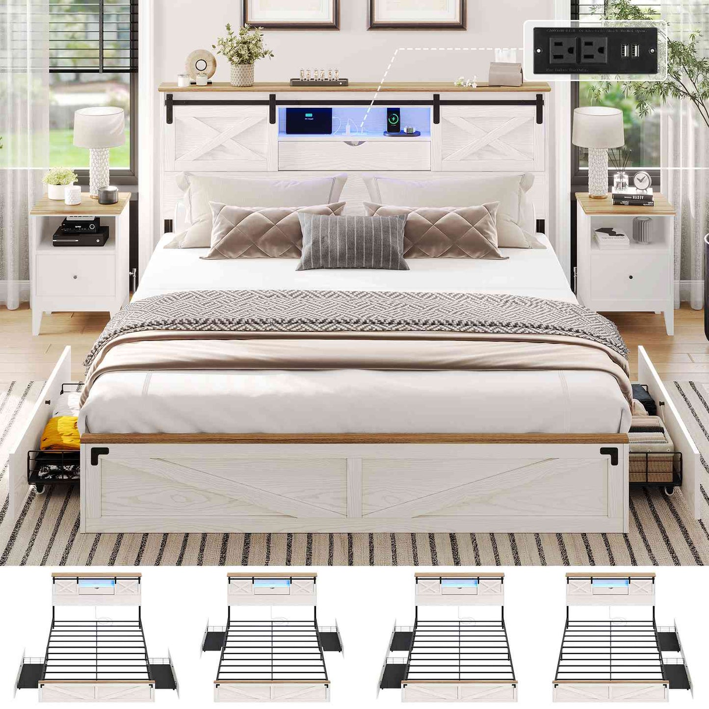 Hasuit | Farmhouse Bed Frame with Storage Bookcase Headboard Wooden Rustic Bed with LED Lights and Charging Station White California King Size