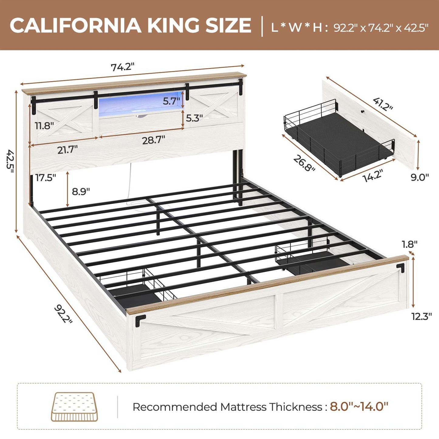 Hasuit | Farmhouse Bed Frame with Storage Bookcase Headboard Wooden Rustic Bed with LED Lights and Charging Station White California King Size