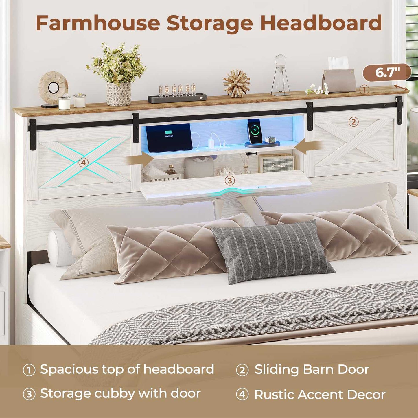 Hasuit | Farmhouse Bed Frame with Storage Bookcase Headboard Wooden Rustic Bed with LED Lights and Charging Station White California King Size
