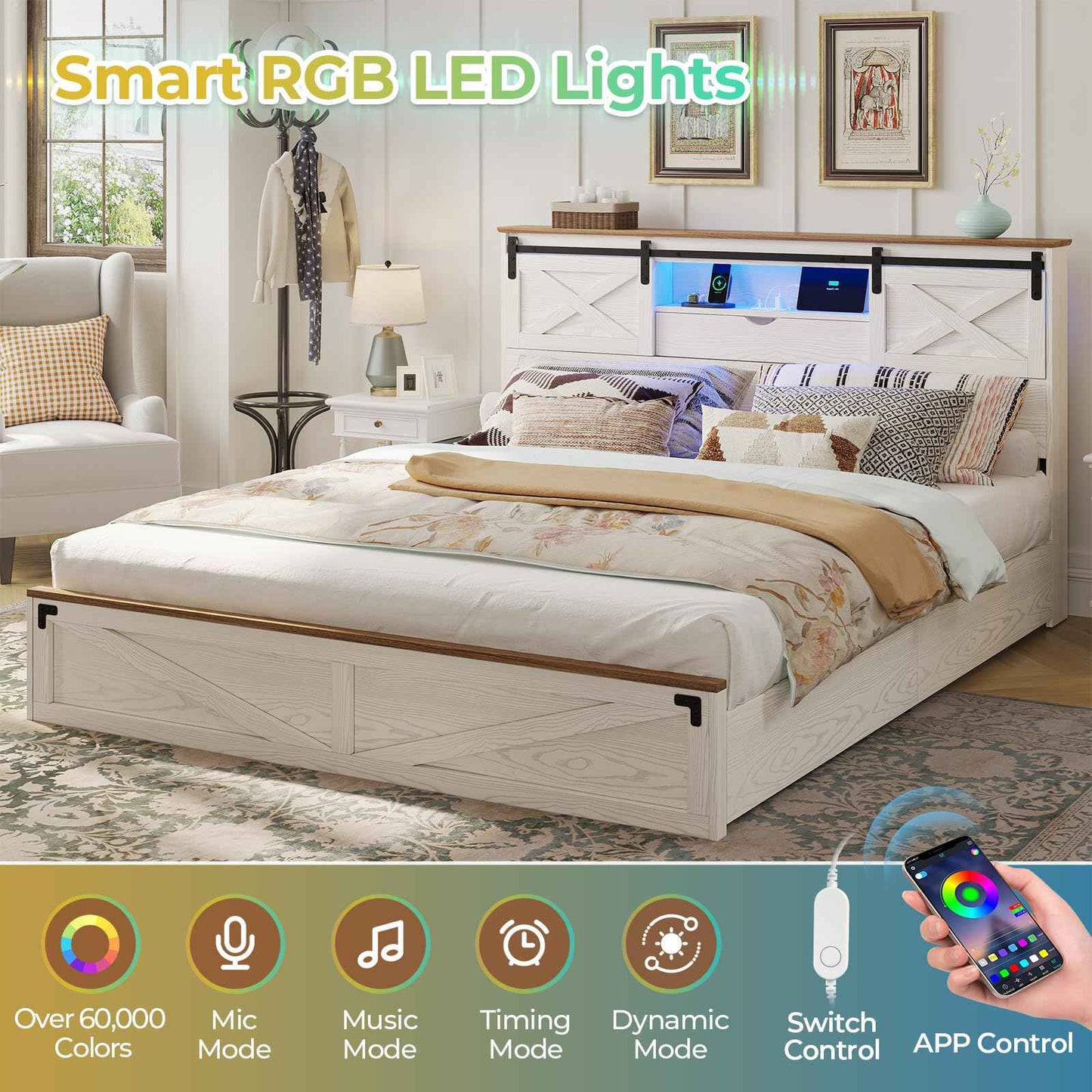 Hasuit | Farmhouse Bed Frame with Storage Bookcase Headboard Wooden Rustic Bed with LED Lights and Charging Station White California King Size