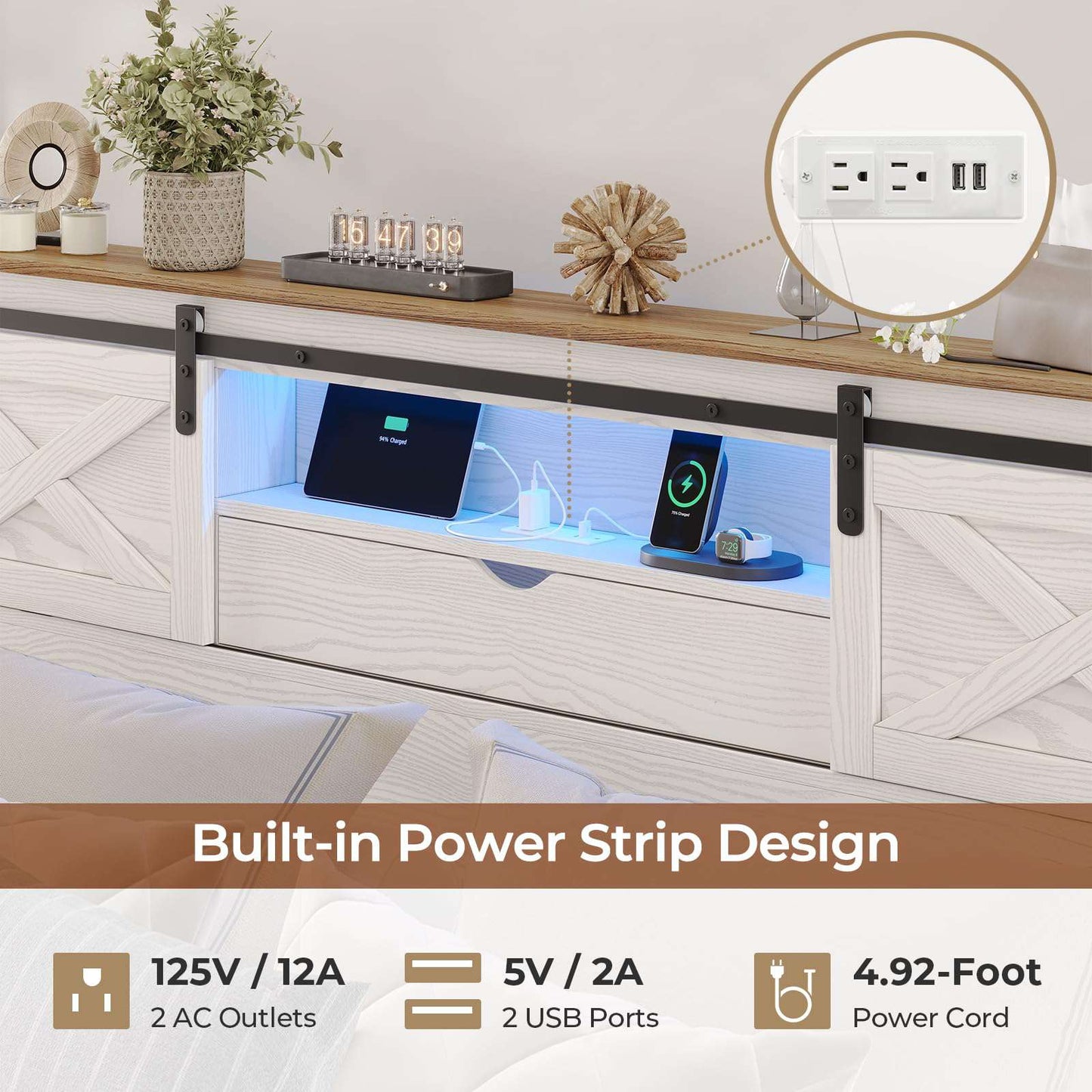 Hasuit | Farmhouse Bed Frame with Storage Bookcase Headboard Wooden Rustic Bed with LED Lights and Charging Station White California King Size