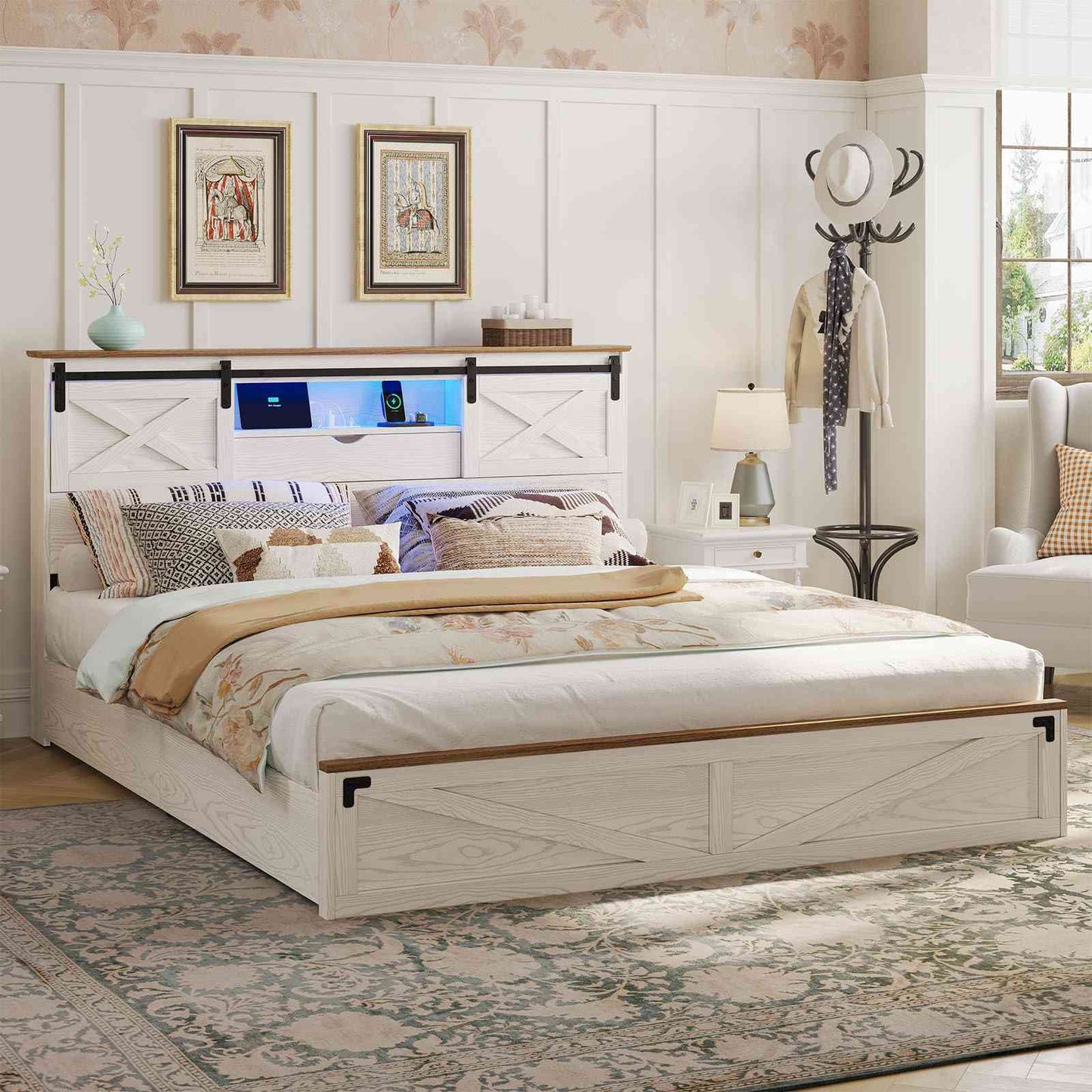 Hasuit | Farmhouse Bed Frame with Storage Bookcase Headboard Wooden Rustic Bed with LED Lights and Charging Station White California King Size