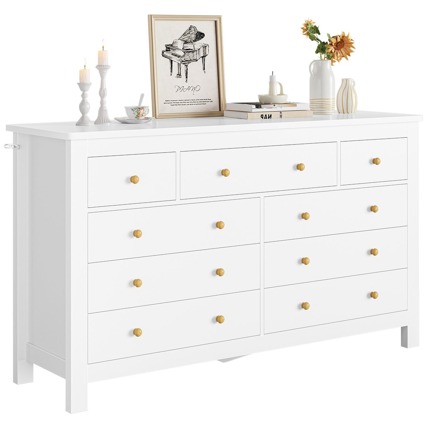 Hasuit | 55.1 Inch Dresser with 9 Drawers Modern Long Dressers with Large Capacity Storage Organizer Cabinet Wide Dresser White
