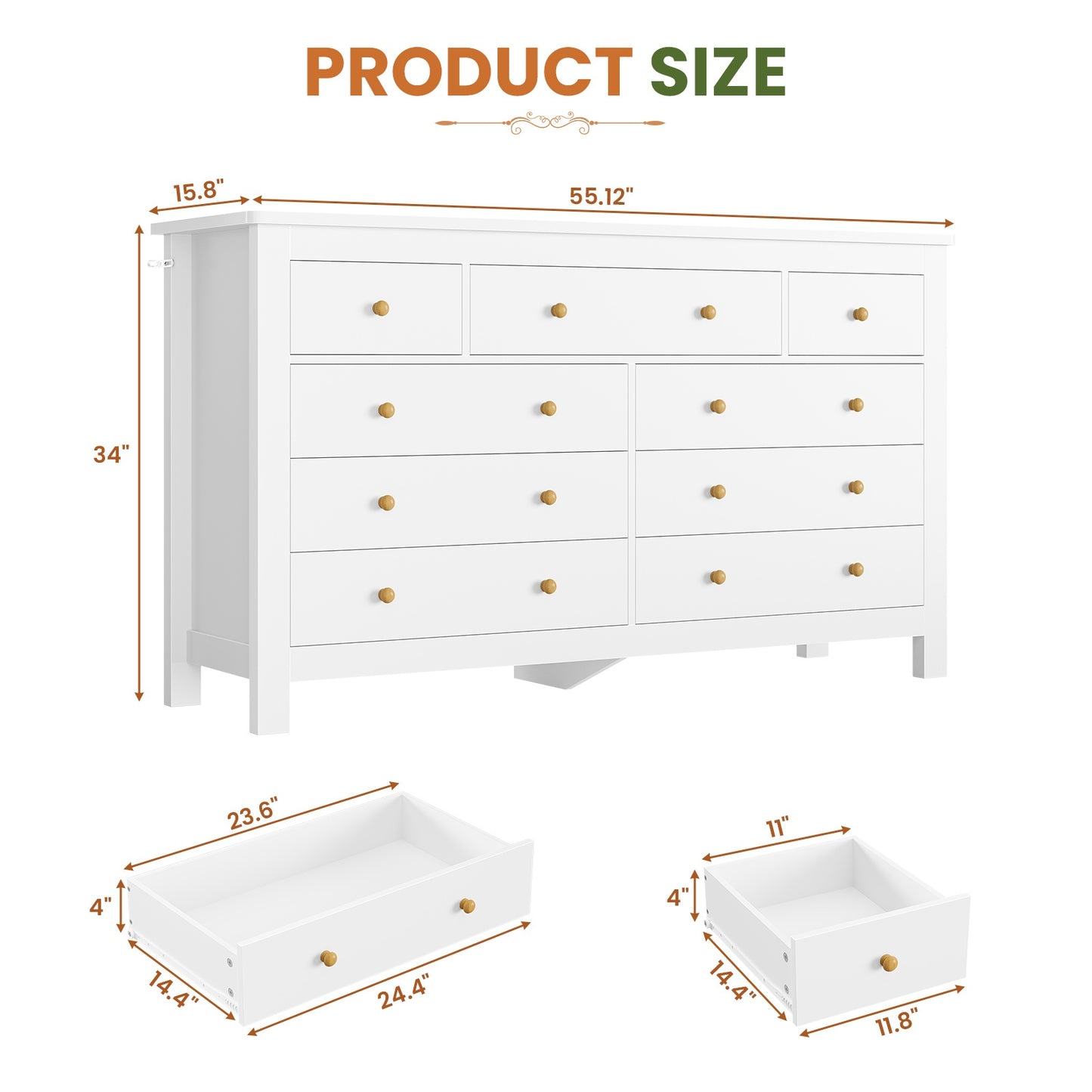 Hasuit | 55.1 Inch Dresser with 9 Drawers Modern Long Dressers with Large Capacity Storage Organizer Cabinet Wide Dresser White