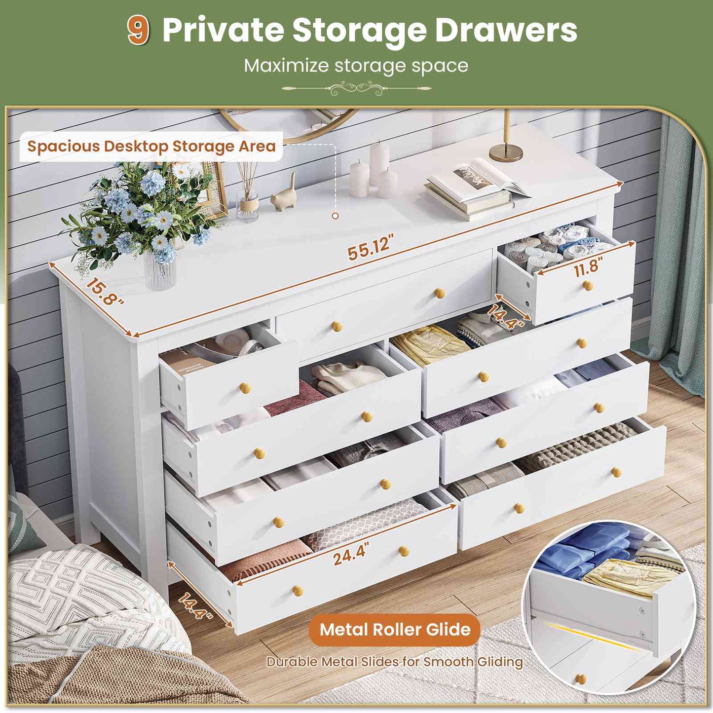 Hasuit | 55.1 Inch Dresser with 9 Drawers Modern Long Dressers with Large Capacity Storage Organizer Cabinet Wide Dresser White