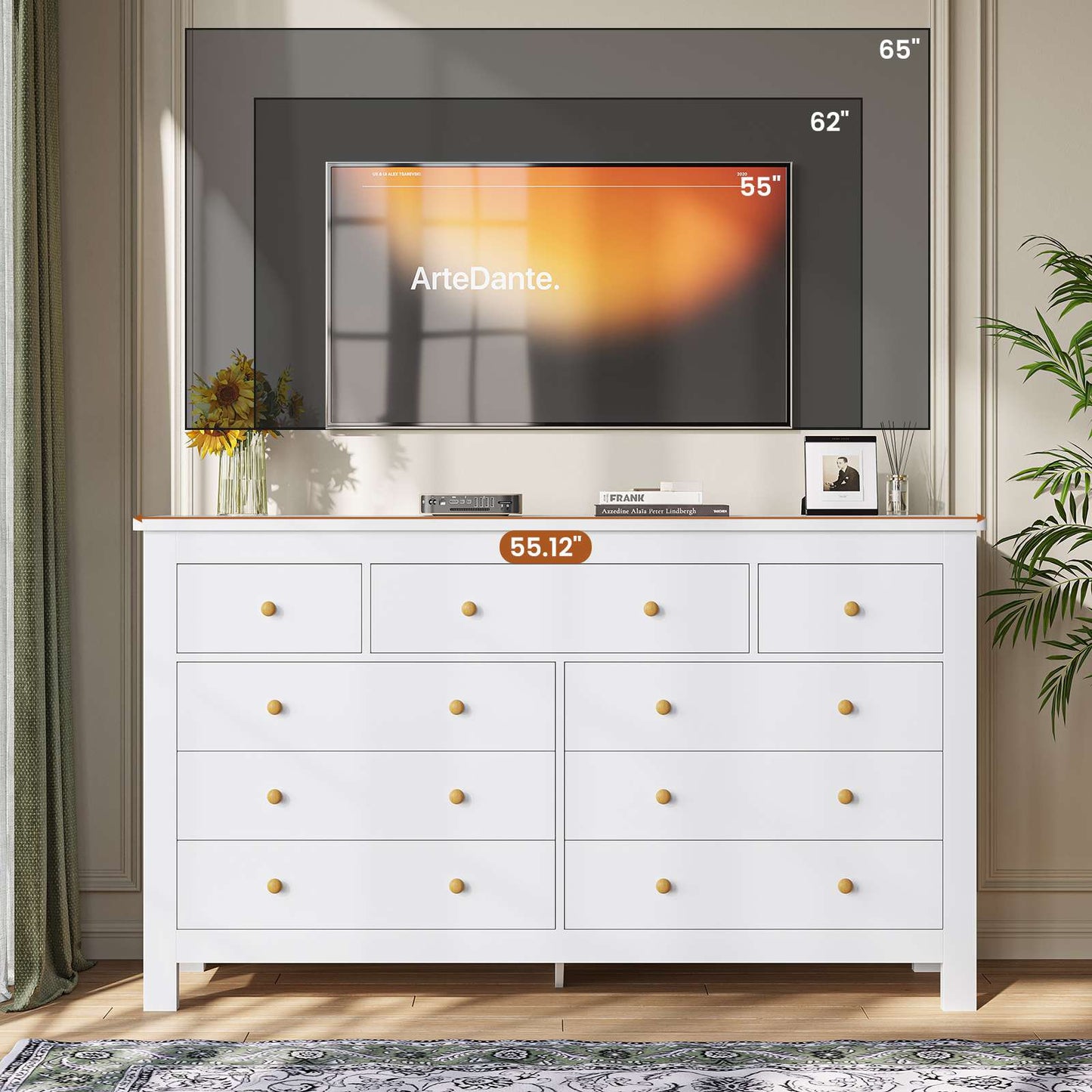 Hasuit | 55.1 Inch Dresser with 9 Drawers Modern Long Dressers with Large Capacity Storage Organizer Cabinet Wide Dresser White