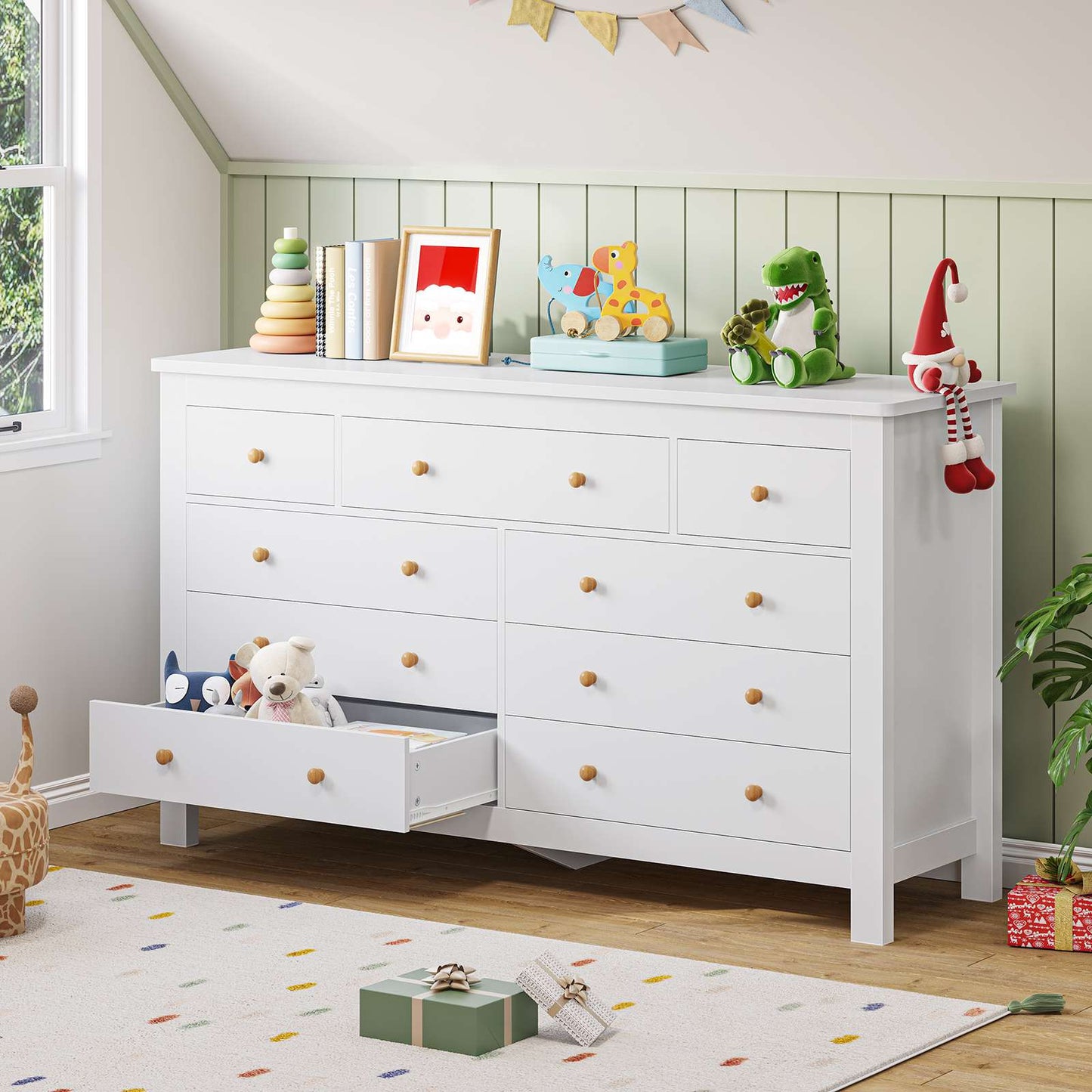 Hasuit | 55.1 Inch Dresser with 9 Drawers Modern Long Dressers with Large Capacity Storage Organizer Cabinet Wide Dresser White