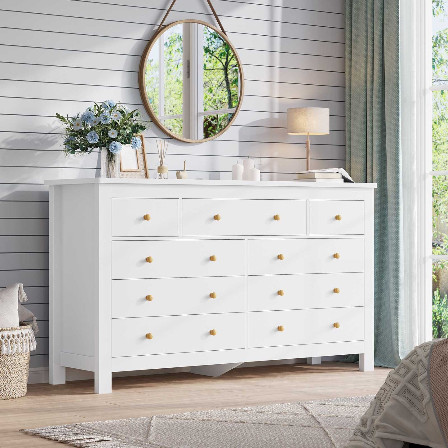Hasuit | 55.1 Inch Dresser with 9 Drawers Modern Long Dressers with Large Capacity Storage Organizer Cabinet Wide Dresser White