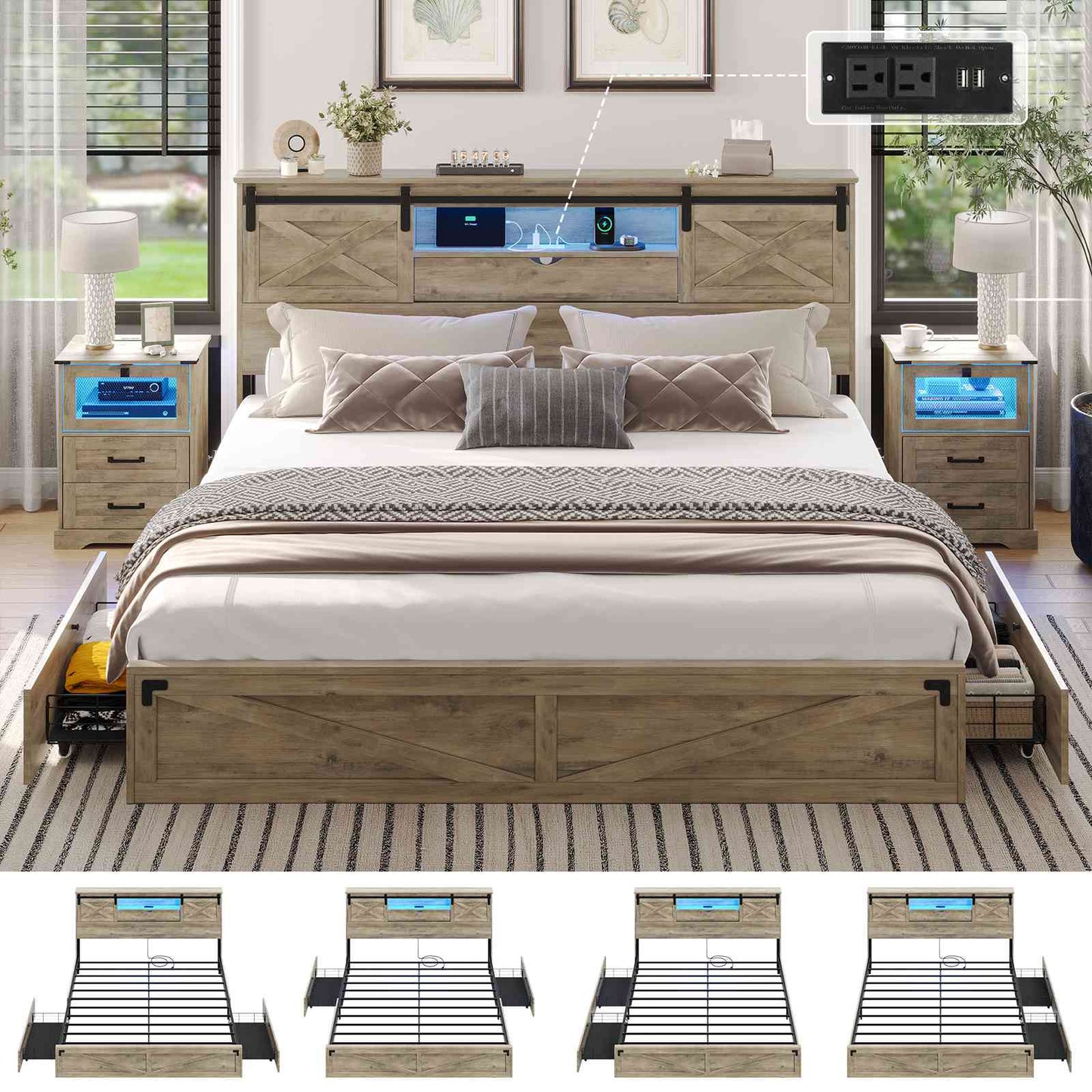 Hasuit | Farmhouse Bed Frame with Storage Bookcase Headboard Wooden Bed with LED Lights and Charging Station Rustic Oak Two Sizes