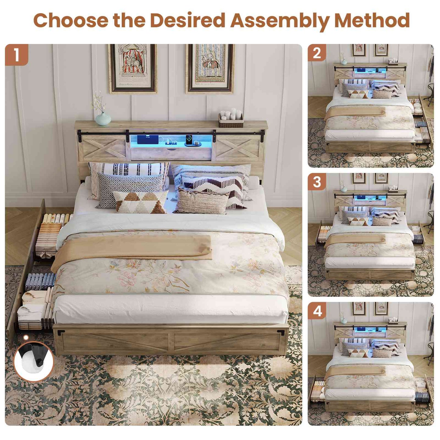 Hasuit | Farmhouse Bed Frame with Storage Bookcase Headboard Wooden Bed with LED Lights and Charging Station Rustic Oak Two Sizes