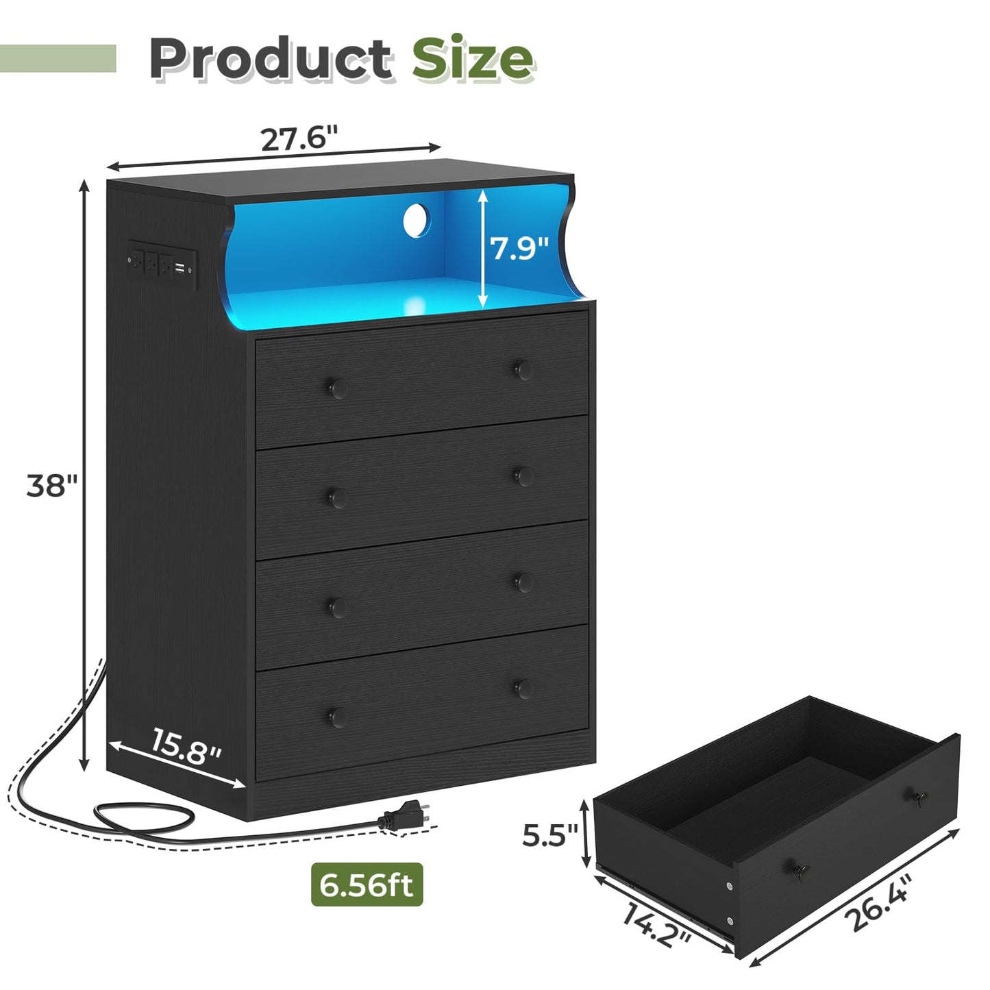 Hasuit | 27.6 Inch Black Dresser with Charging Station 4 Drawers LED Dresser for Bedroom with Open Space
