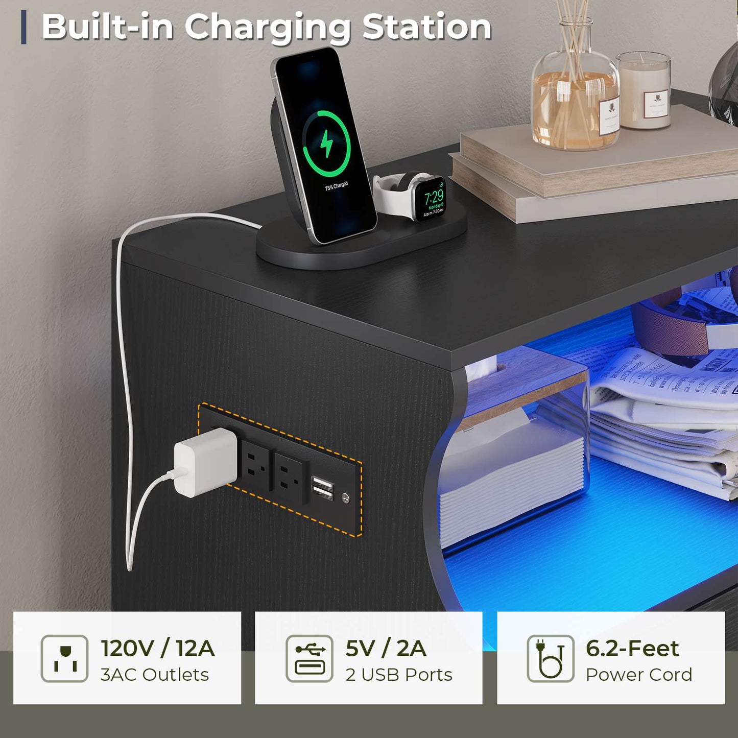 Hasuit | 27.6 Inch Black Dresser with Charging Station 4 Drawers LED Dresser for Bedroom with Open Space