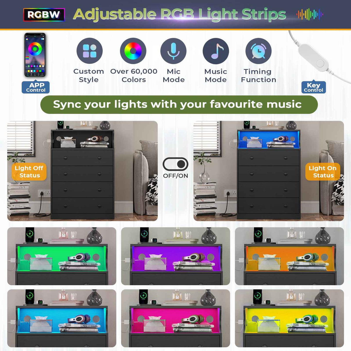 Hasuit | 27.6 Inch Black Dresser with Charging Station 4 Drawers LED Dresser for Bedroom with Open Space