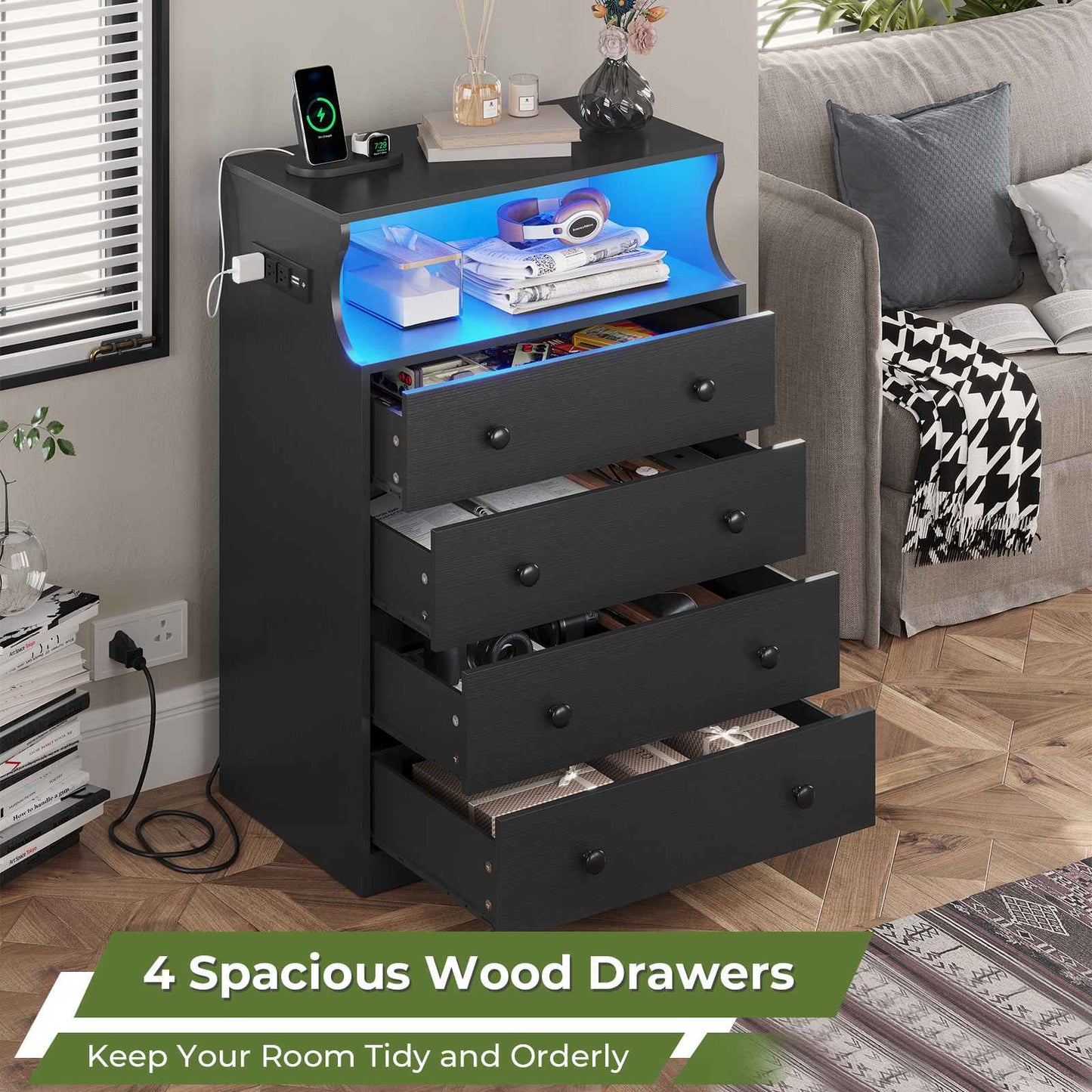Hasuit | 27.6 Inch Black Dresser with Charging Station 4 Drawers LED Dresser for Bedroom with Open Space