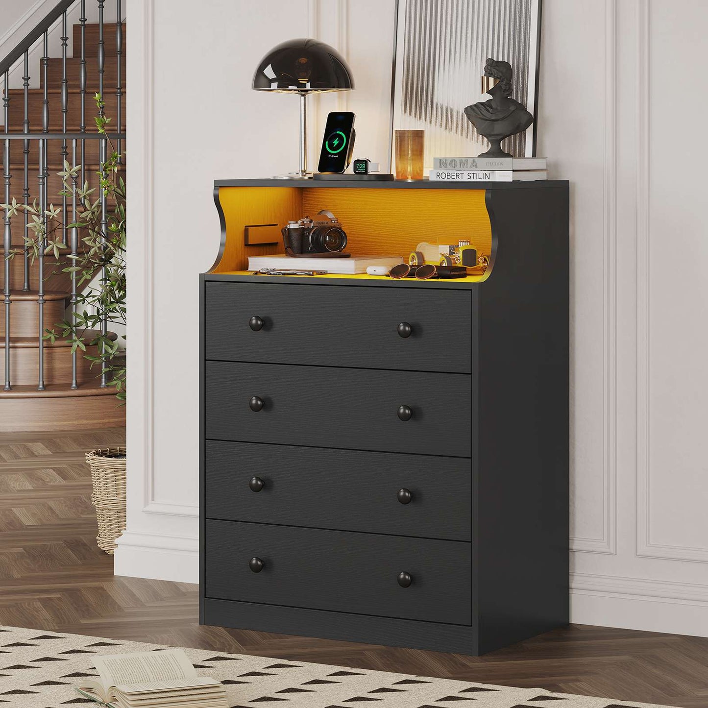 Hasuit | 27.6 Inch Black Dresser with Charging Station 4 Drawers LED Dresser for Bedroom with Open Space