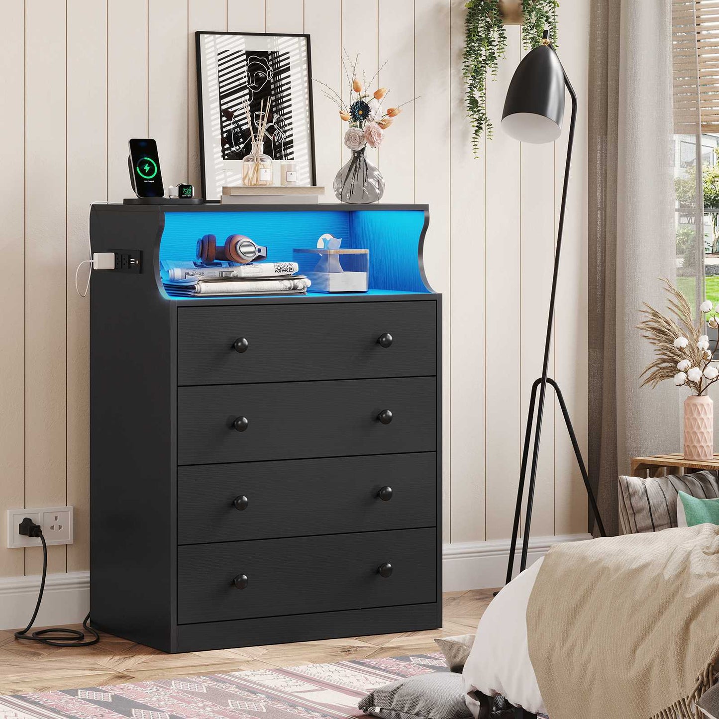 Hasuit | 27.6 Inch Black Dresser with Charging Station 4 Drawers LED Dresser for Bedroom with Open Space