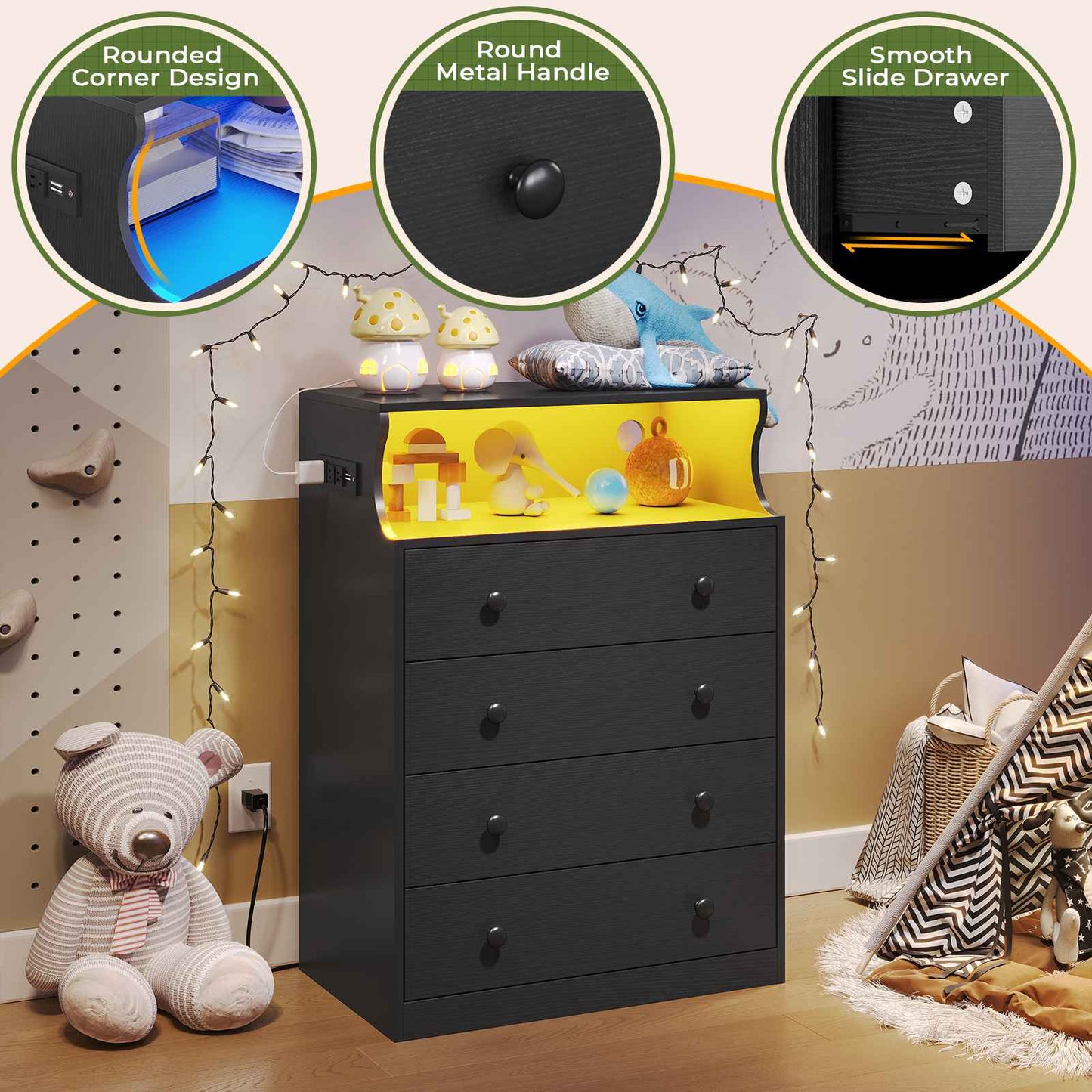 Hasuit | 27.6 Inch Black Dresser with Charging Station 4 Drawers LED Dresser for Bedroom with Open Space