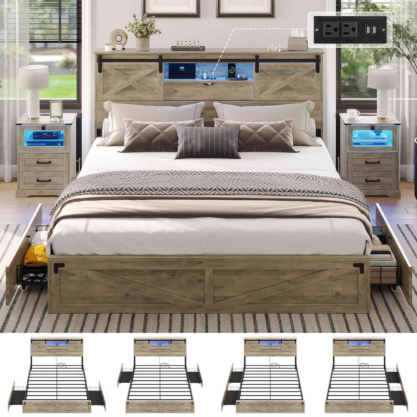 Hasuit | Farmhouse Bed Frame with Storage Bookcase Headboard Wooden Bed with LED Lights and Charging Station Rustic Oak Two Sizes
