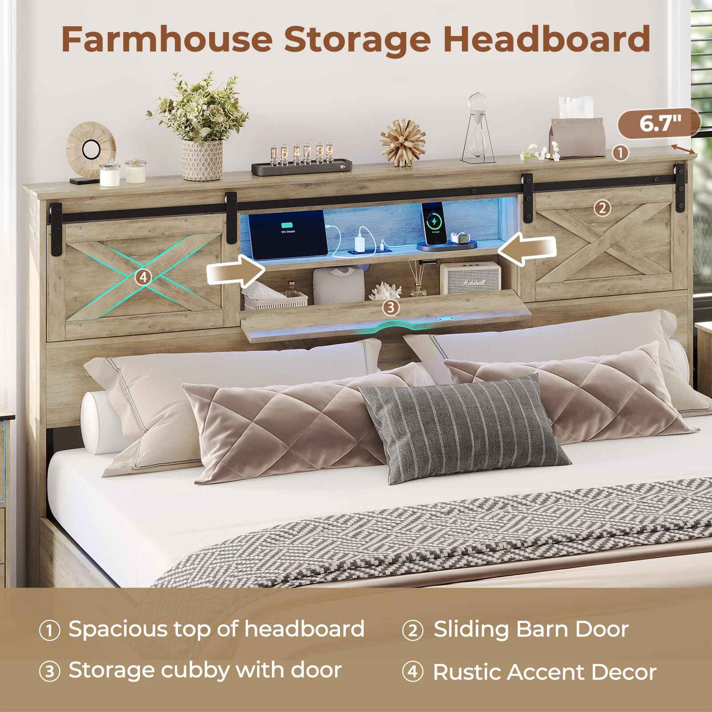 Hasuit | Farmhouse Bed Frame with Storage Bookcase Headboard Wooden Bed with LED Lights and Charging Station Rustic Oak Two Sizes