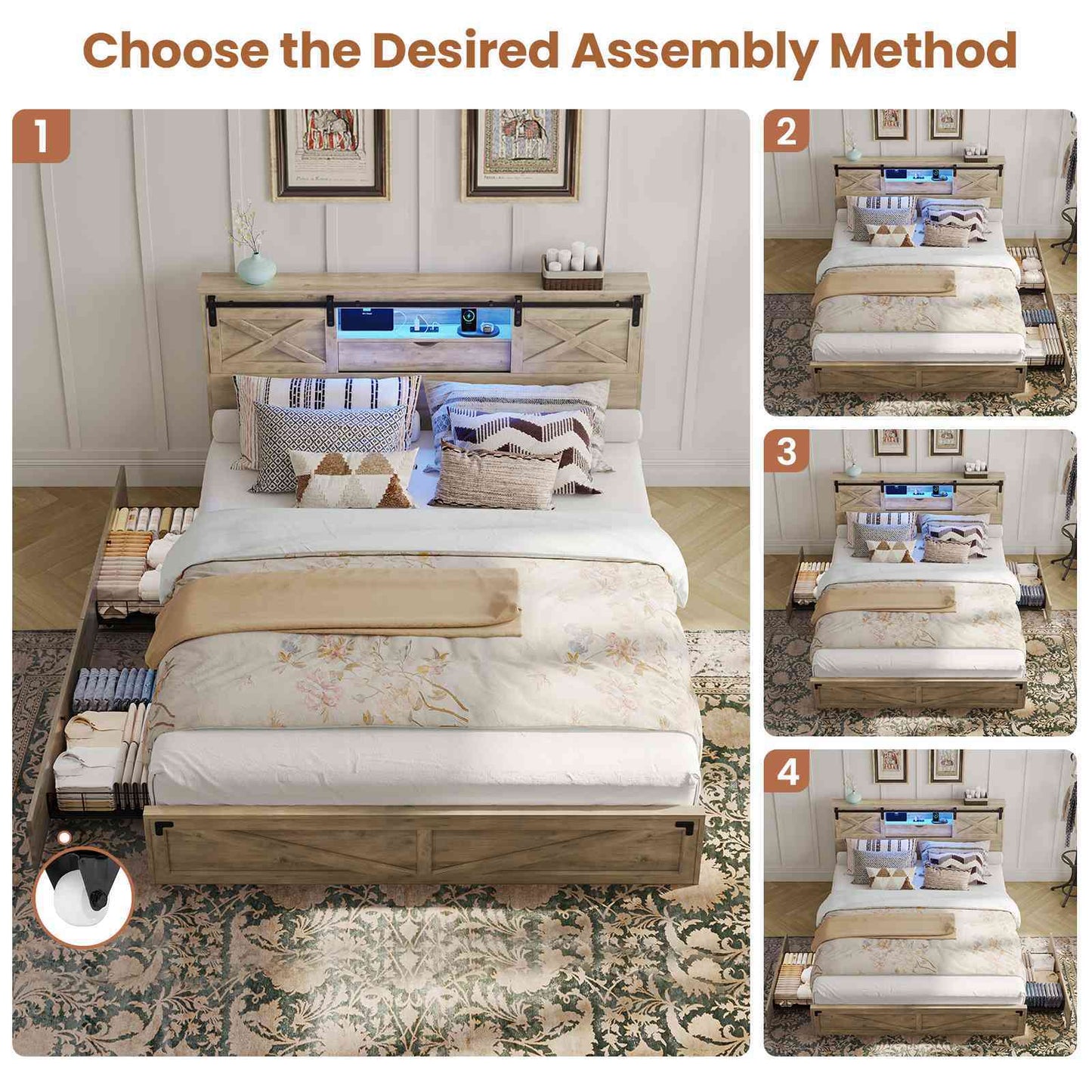 Hasuit | Farmhouse Bed Frame with Storage Bookcase Headboard Wooden Bed with LED Lights and Charging Station Rustic Oak Two Sizes