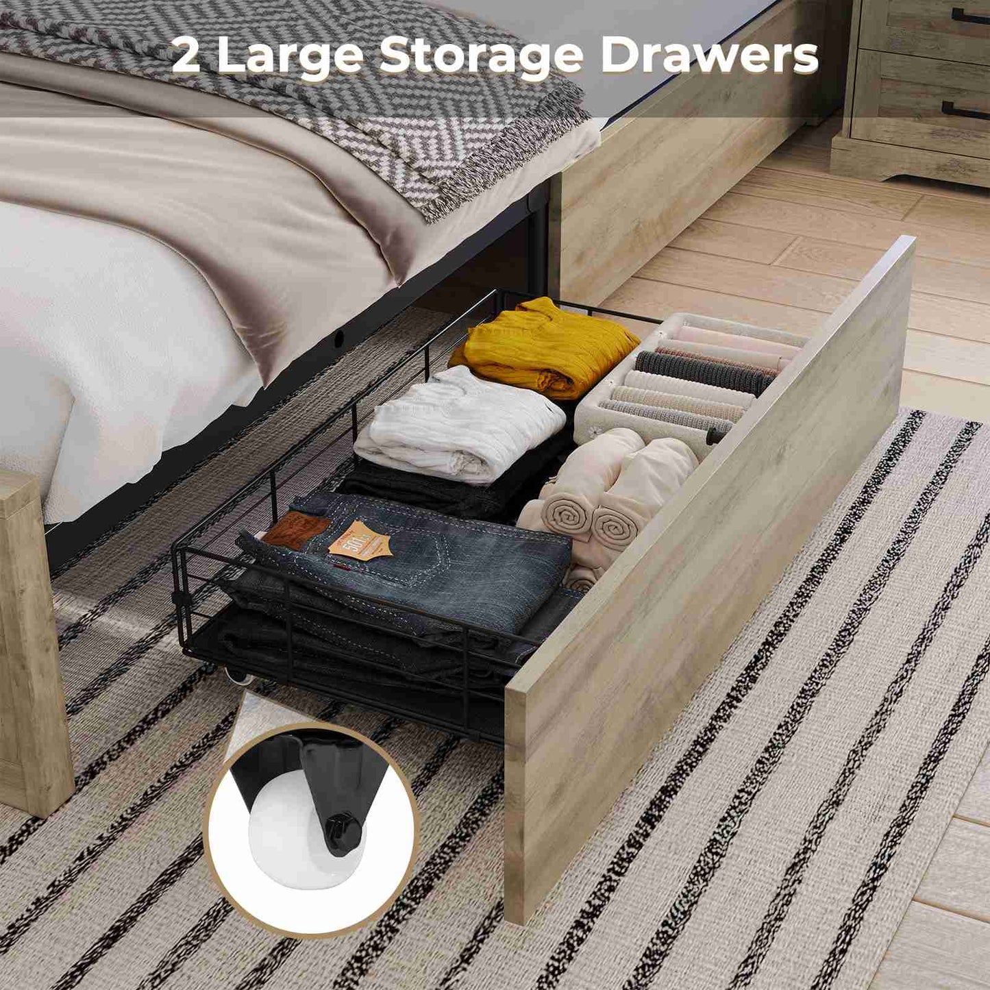 Hasuit | Farmhouse Bed Frame with Storage Bookcase Headboard Wooden Bed with LED Lights and Charging Station Rustic Oak Two Sizes