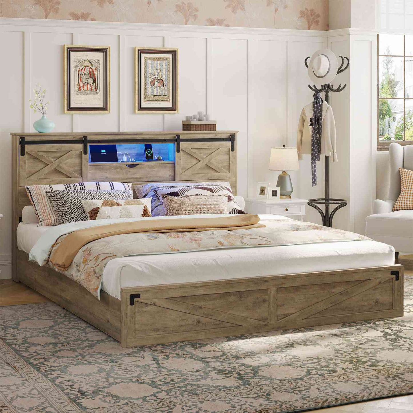 Hasuit | Farmhouse Bed Frame with Storage Bookcase Headboard Wooden Bed with LED Lights and Charging Station Rustic Oak Two Sizes