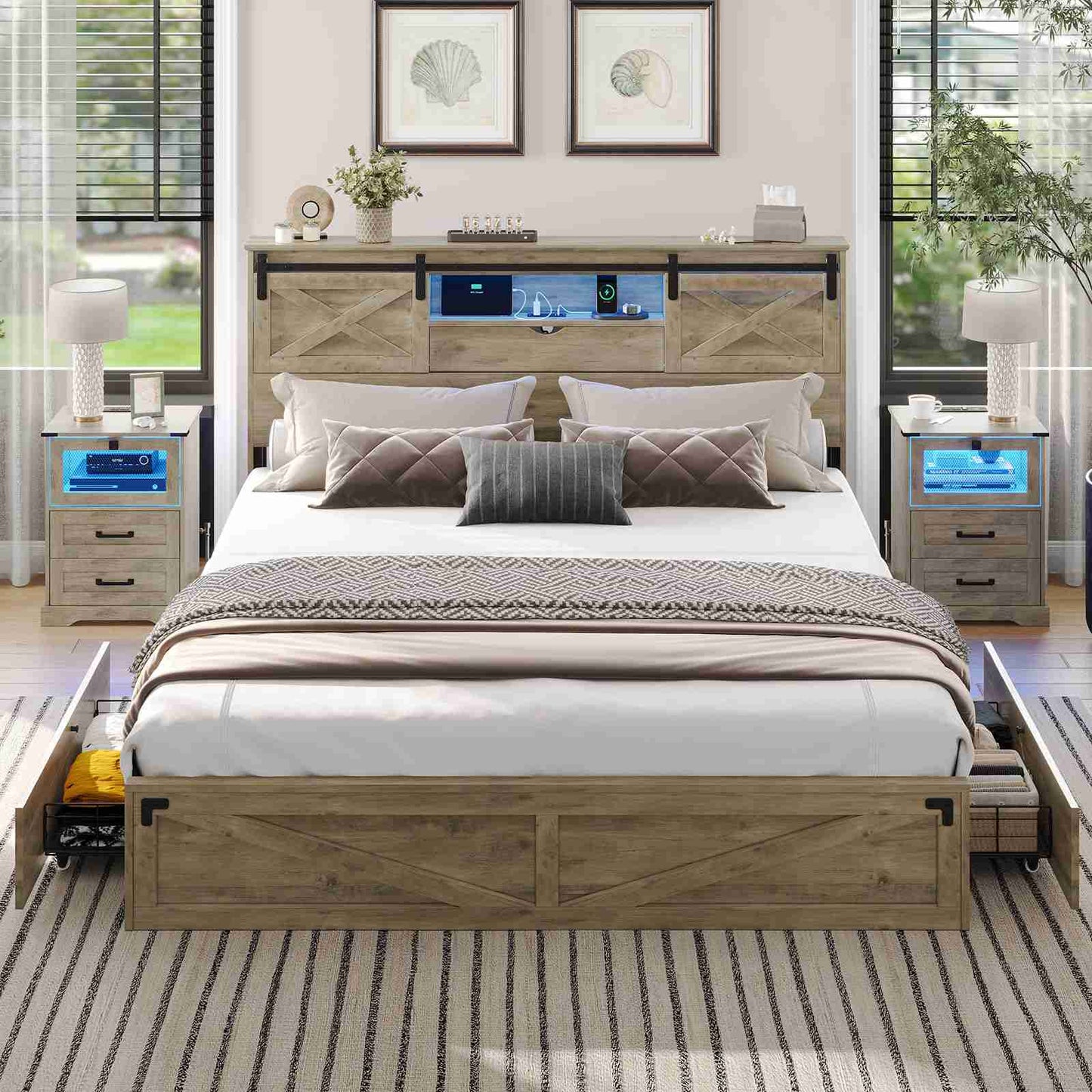 Hasuit | Farmhouse Bed Frame with Storage Bookcase Headboard Wooden Bed with LED Lights and Charging Station Rustic Oak Two Sizes