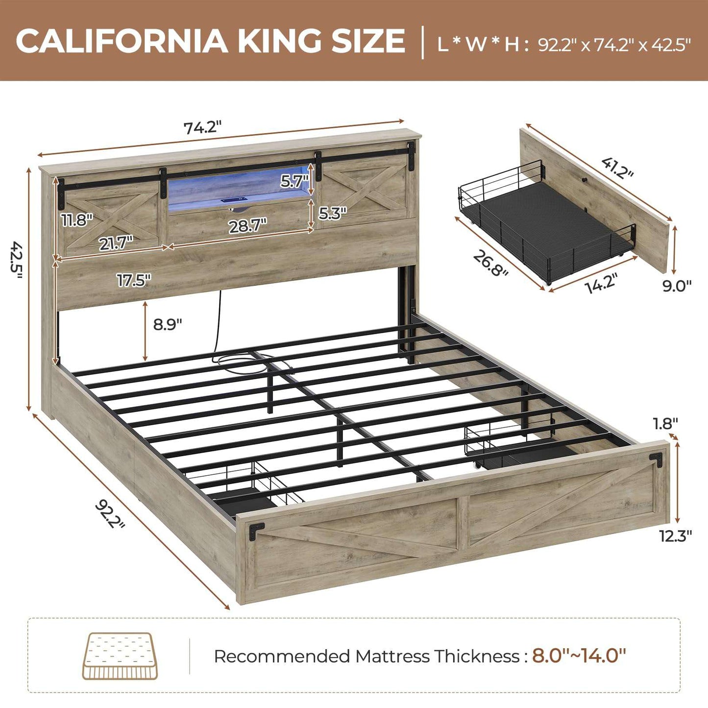 Hasuit | Farmhouse Bed Frame with Storage Bookcase Headboard Wooden Bed with LED Lights and Charging Station Rustic Oak Two Sizes