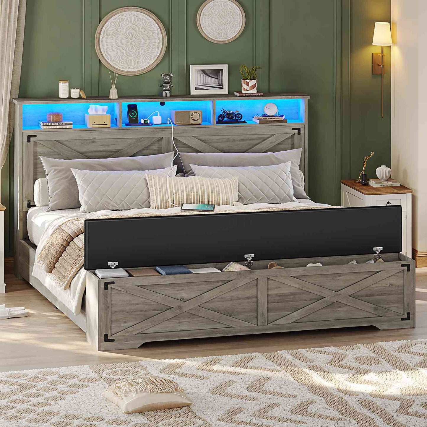 Hasuit | Queen Size Bed Frame with Storage Ottoman Farmhouse Bed Frame with Charging Station and Led Light Headboard with Storage Rack
