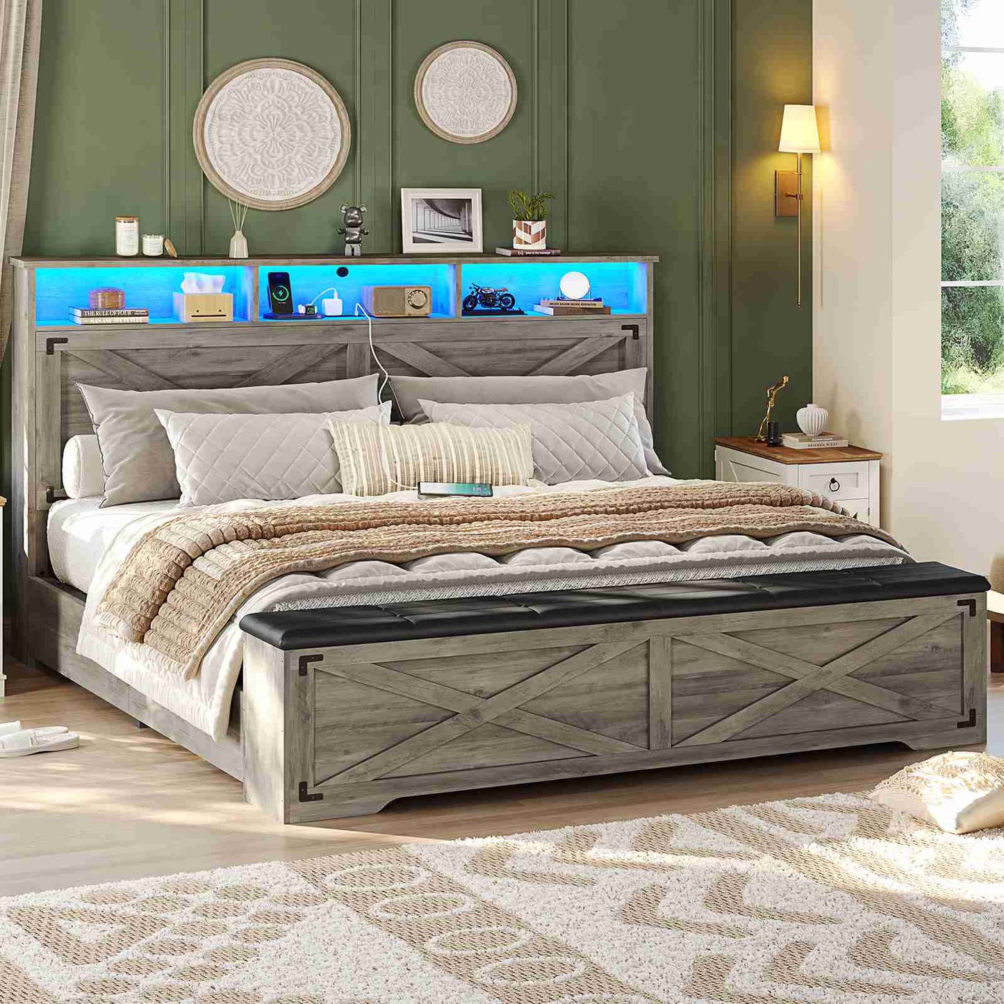Hasuit | Queen Size Bed Frame with Storage Ottoman Farmhouse Bed Frame with Charging Station and Led Light Headboard with Storage Rack