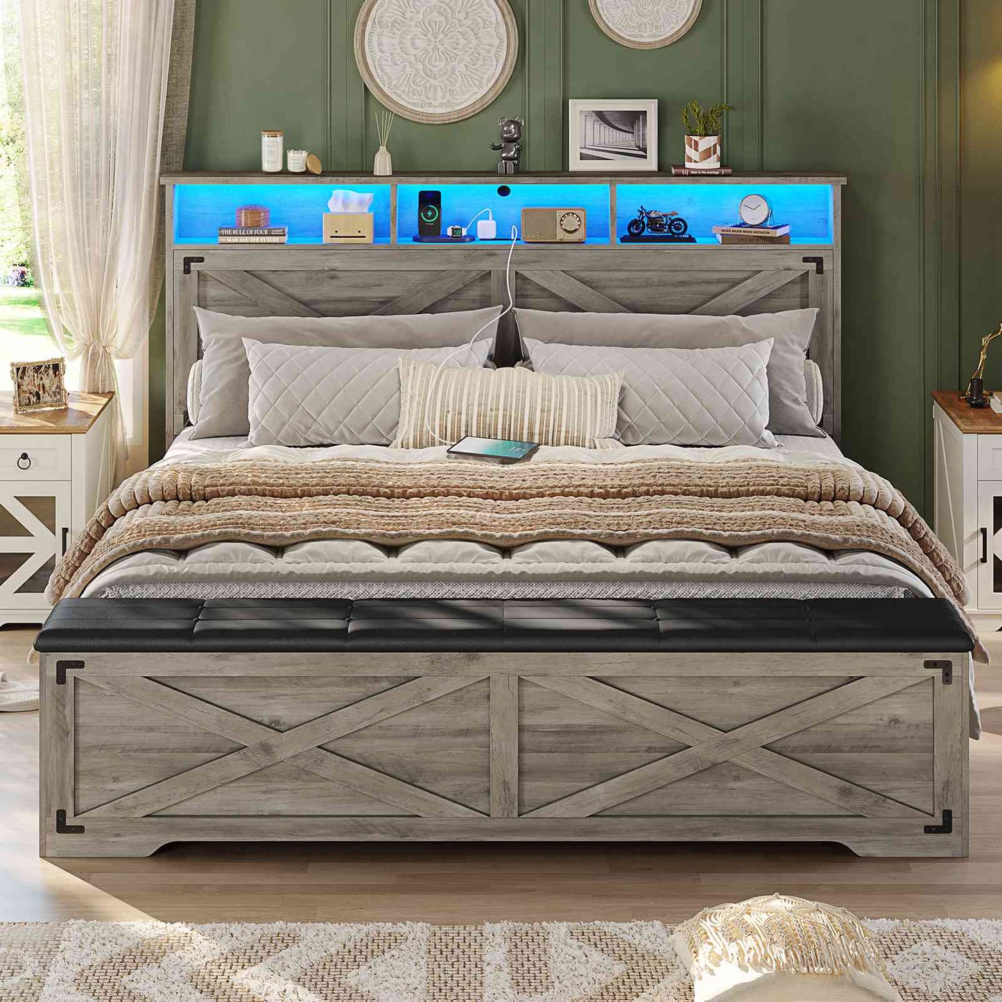 Hasuit | Queen Size Bed Frame with Storage Ottoman Farmhouse Bed Frame with Charging Station and Led Light Headboard with Storage Rack